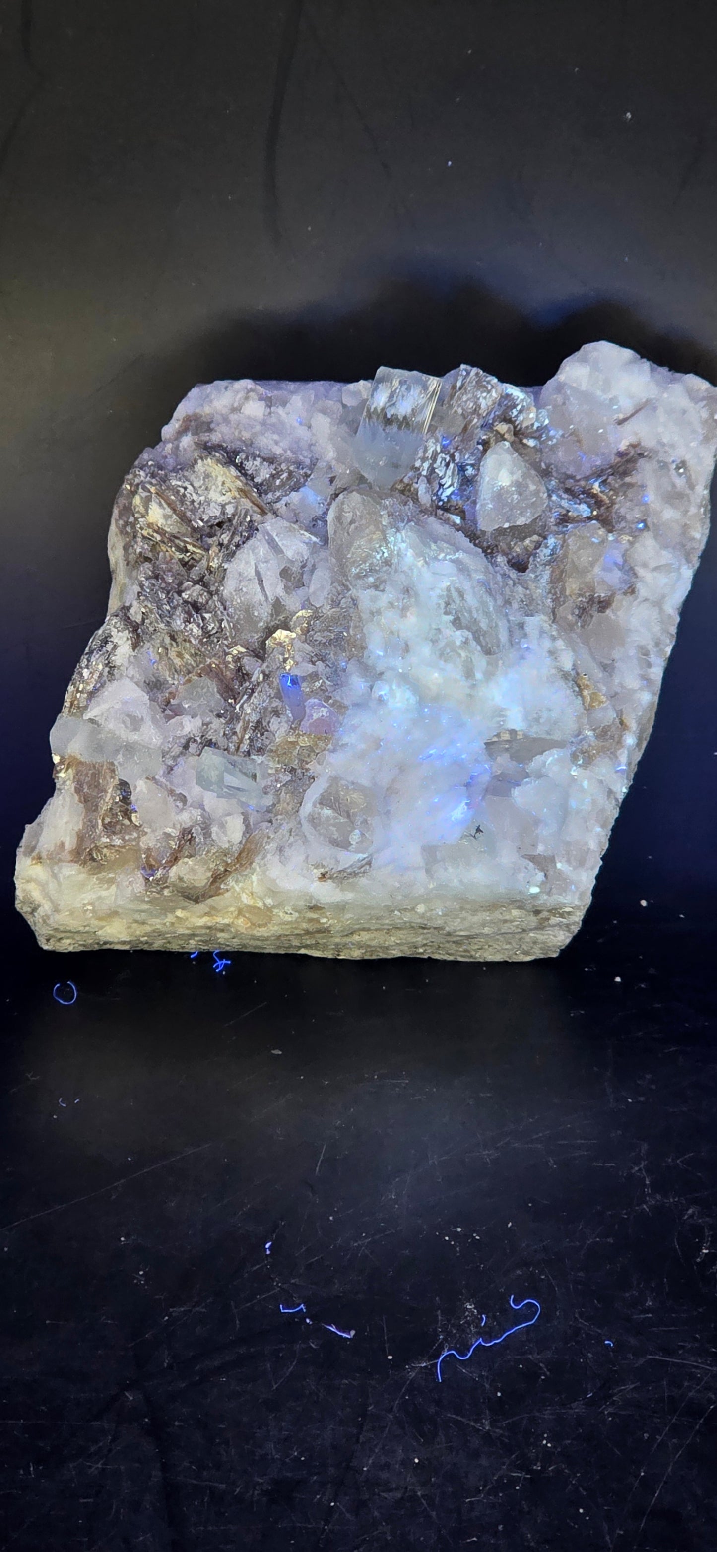 Erongo Region Namibian Aquamarine Matrix w/ Beautiful Micha, Quartz, Stunning UV/PL Calcite Coating, and Fluorite.As the primary crystals