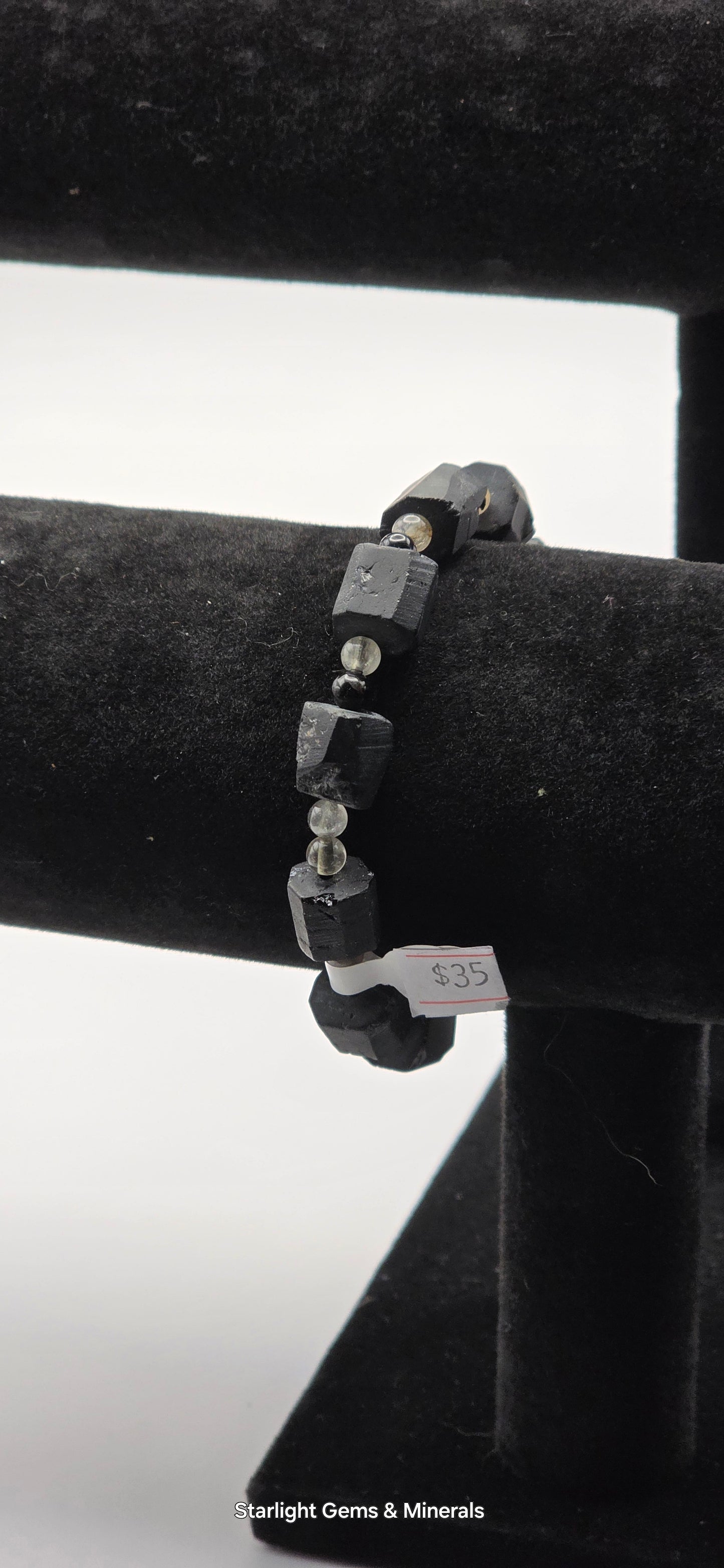 Black Tourmaline Barrel Bracelet, w/Quartz & Tourmaline Beads.
