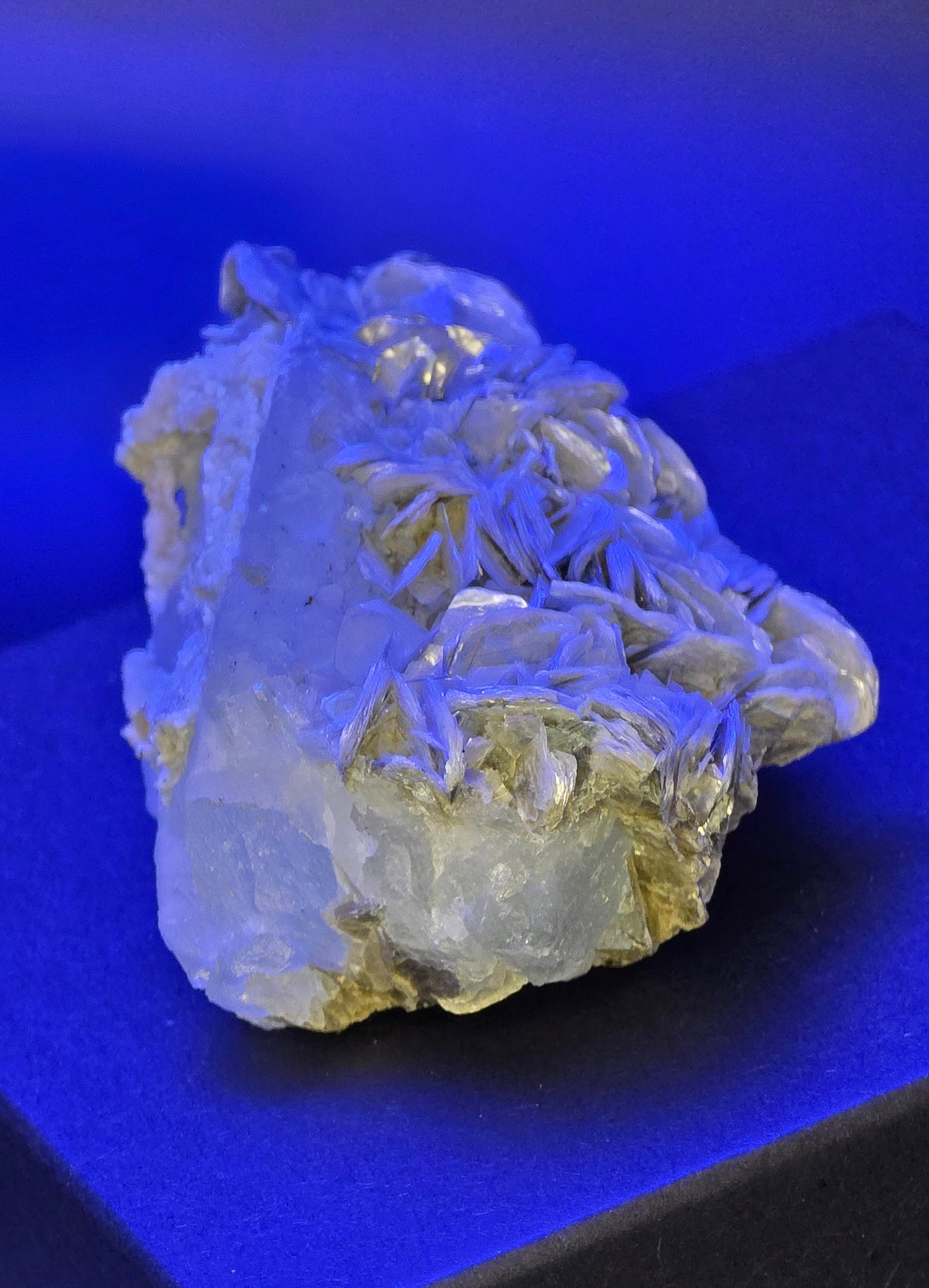 Erongo Region Namibian Aquamarine Matrix w/ Beautiful Micha, Quartz, Stunning UV/PL Calcite Coating, and Fluorite.As the primary crystals