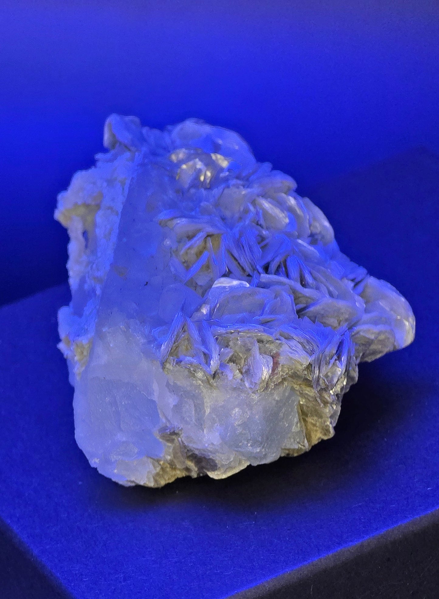 Erongo Region Namibian Aquamarine Matrix w/ Beautiful Micha, Quartz, Stunning UV/PL Calcite Coating, and Fluorite.As the primary crystals