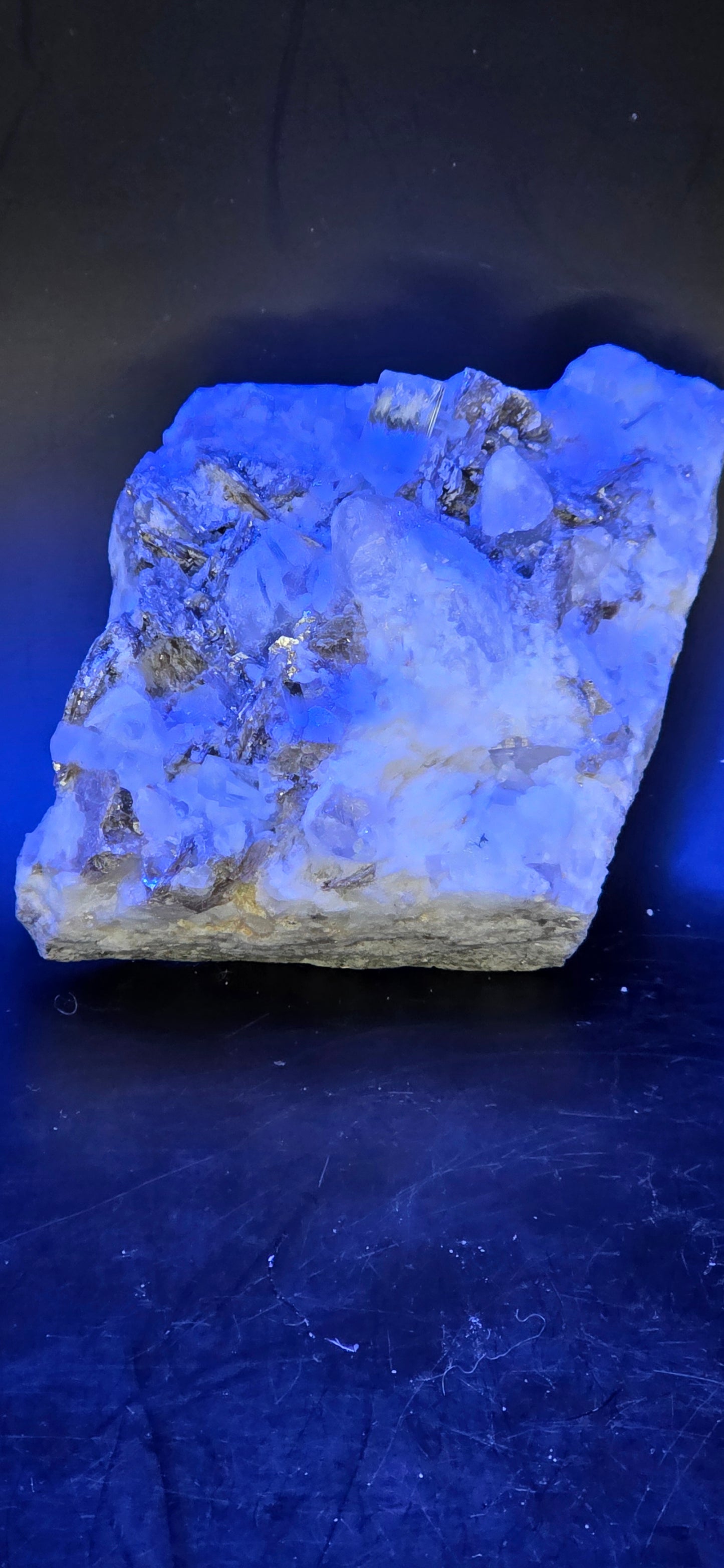 Erongo Region Namibian Aquamarine Matrix w/ Beautiful Micha, Quartz, Stunning UV/PL Calcite Coating, and Fluorite.As the primary crystals