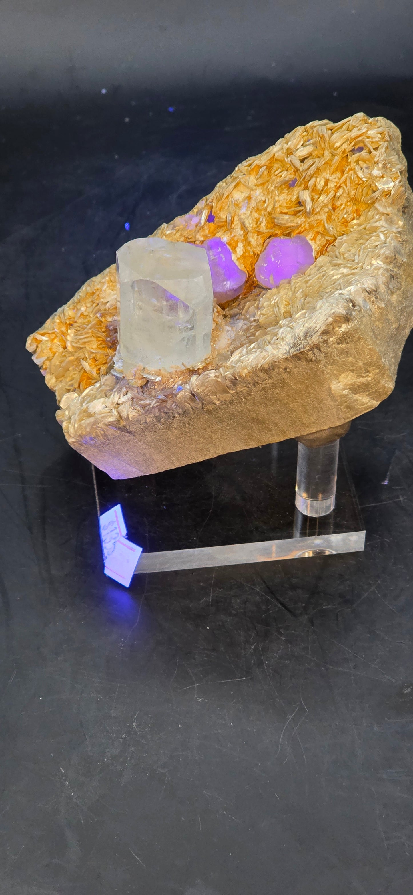 Erongo Region Namibian Aquamarine Matrix w/ Beautiful Micha, Quartz, Stunning UV/PL Calcite Coating, and Fluorite.As the primary crystals