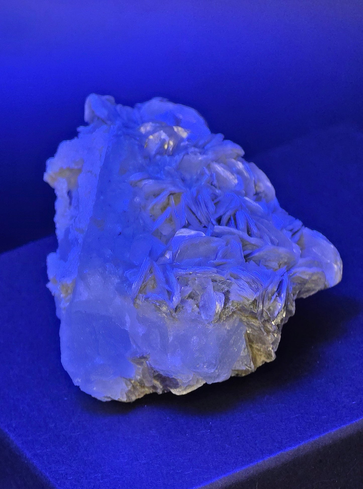 Erongo Region Namibian Aquamarine Matrix w/ Beautiful Micha, Quartz, Stunning UV/PL Calcite Coating, and Fluorite.As the primary crystals