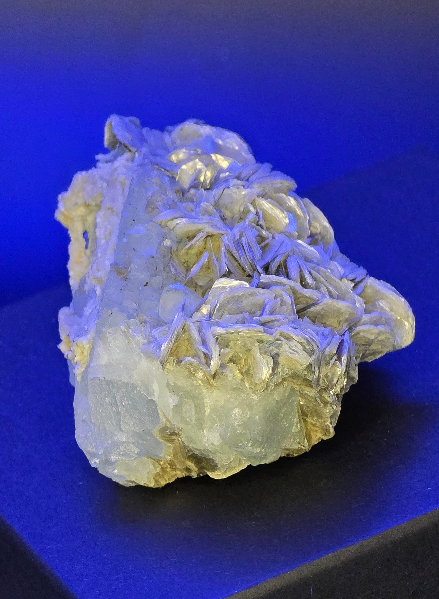 Erongo Region Namibian Aquamarine Matrix w/ Beautiful Micha, Quartz, Stunning UV/PL Calcite Coating, and Fluorite.As the primary crystals