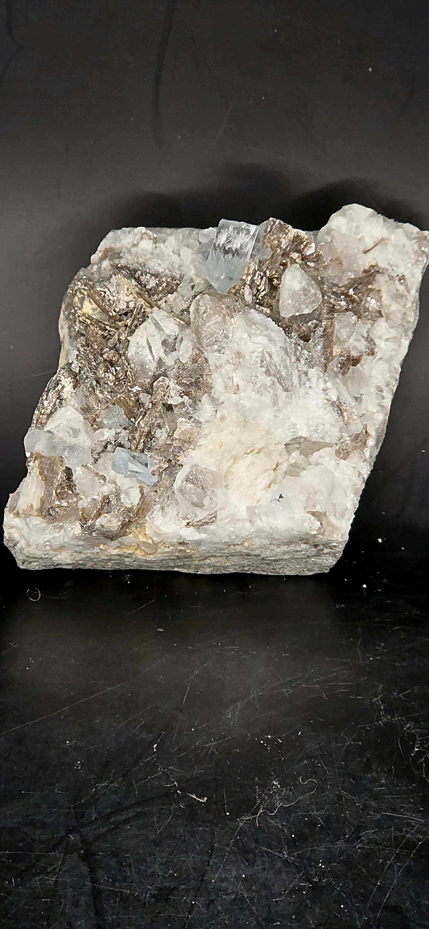 Erongo Region Namibian Aquamarine Matrix w/ Beautiful Micha, Quartz, Stunning UV/PL Calcite Coating, and Fluorite.As the primary crystals