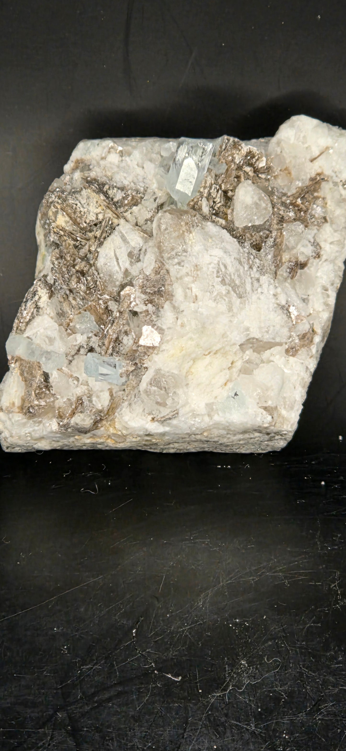 Erongo Region Namibian Aquamarine Matrix w/ Beautiful Micha, Quartz, Stunning UV/PL Calcite Coating, and Fluorite.As the primary crystals