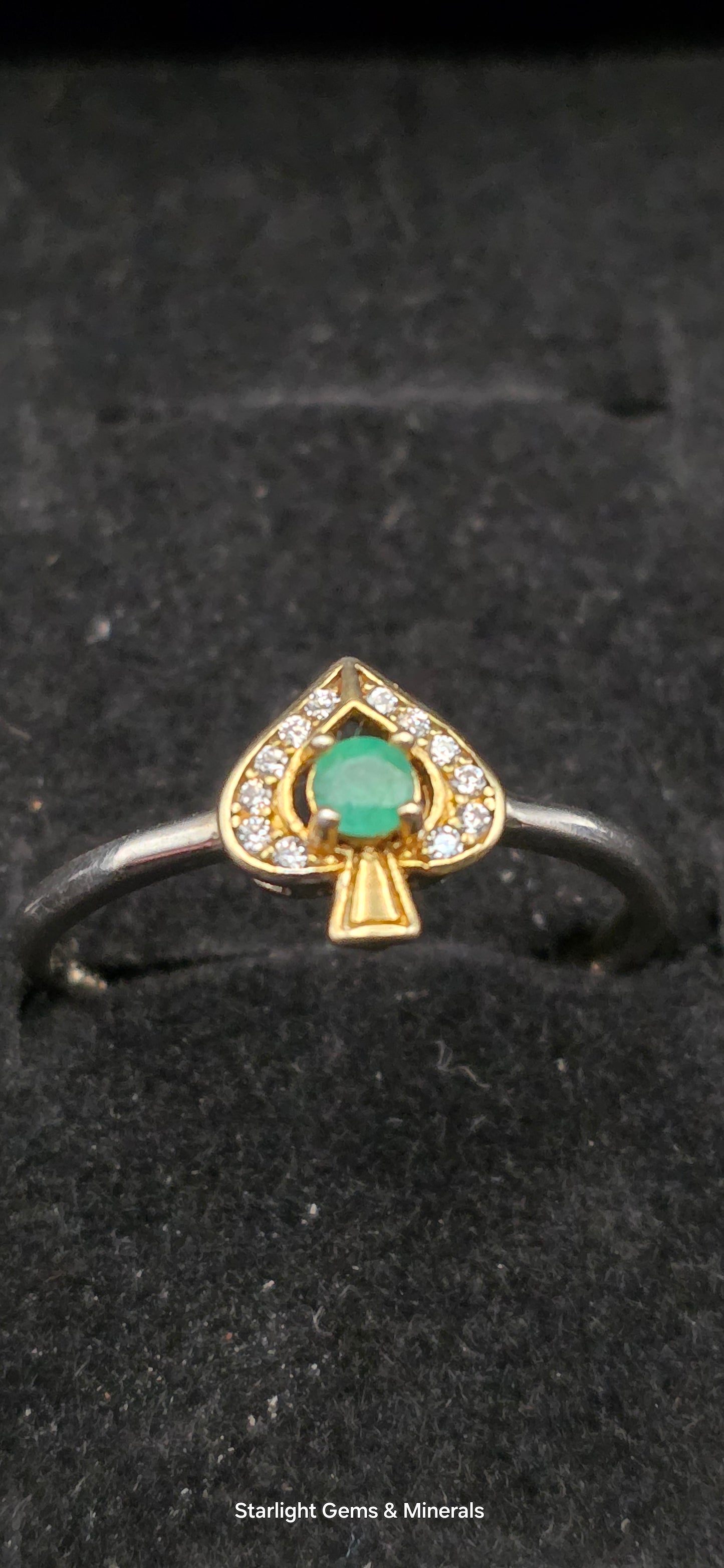 Adjustable S-925 Gold Plated Victorian Ace Ring, w/ Natural Columbian Emerald Center Facet!