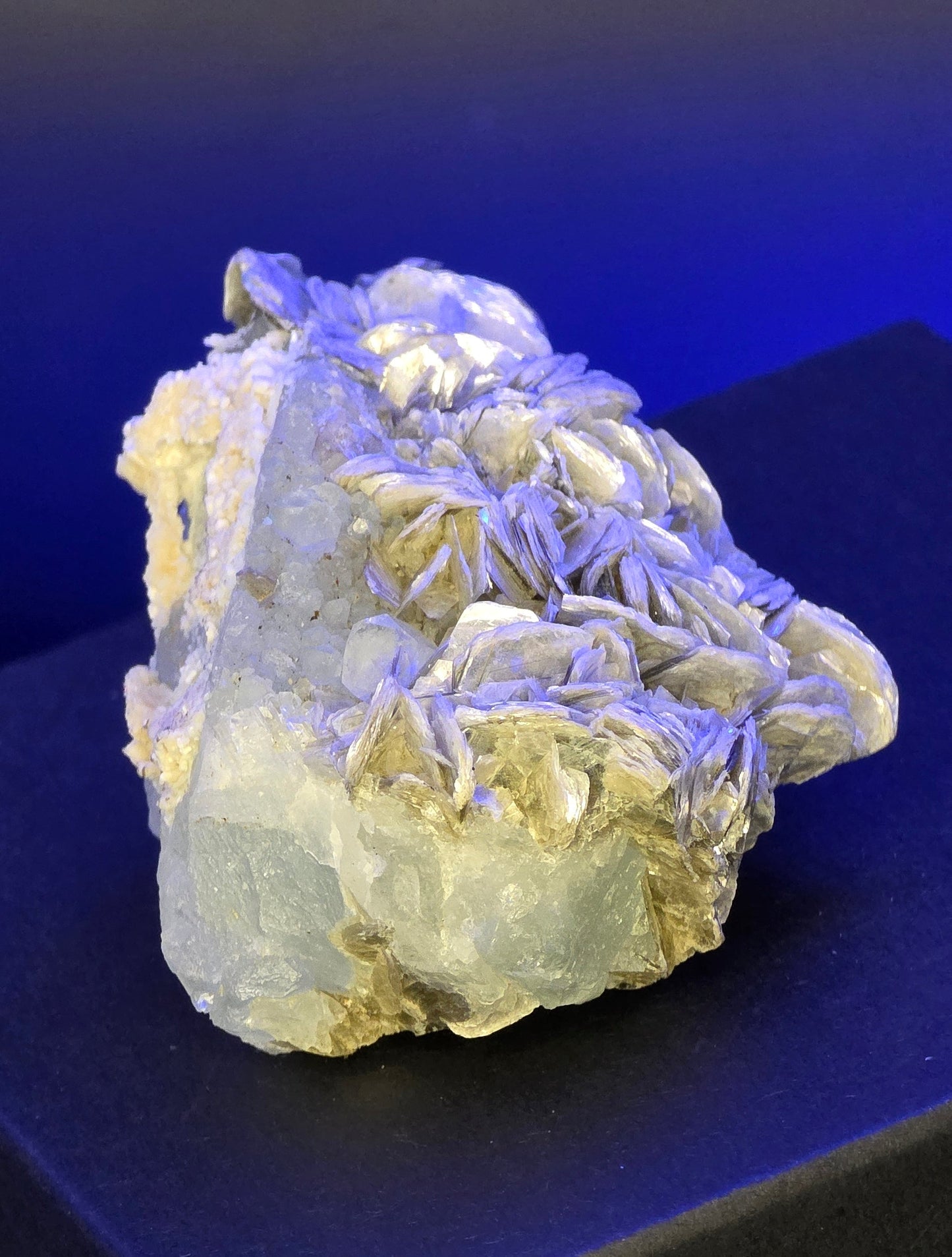 Erongo Region Namibian Aquamarine Matrix w/ Beautiful Micha, Quartz, Stunning UV/PL Calcite Coating, and Fluorite.As the primary crystals