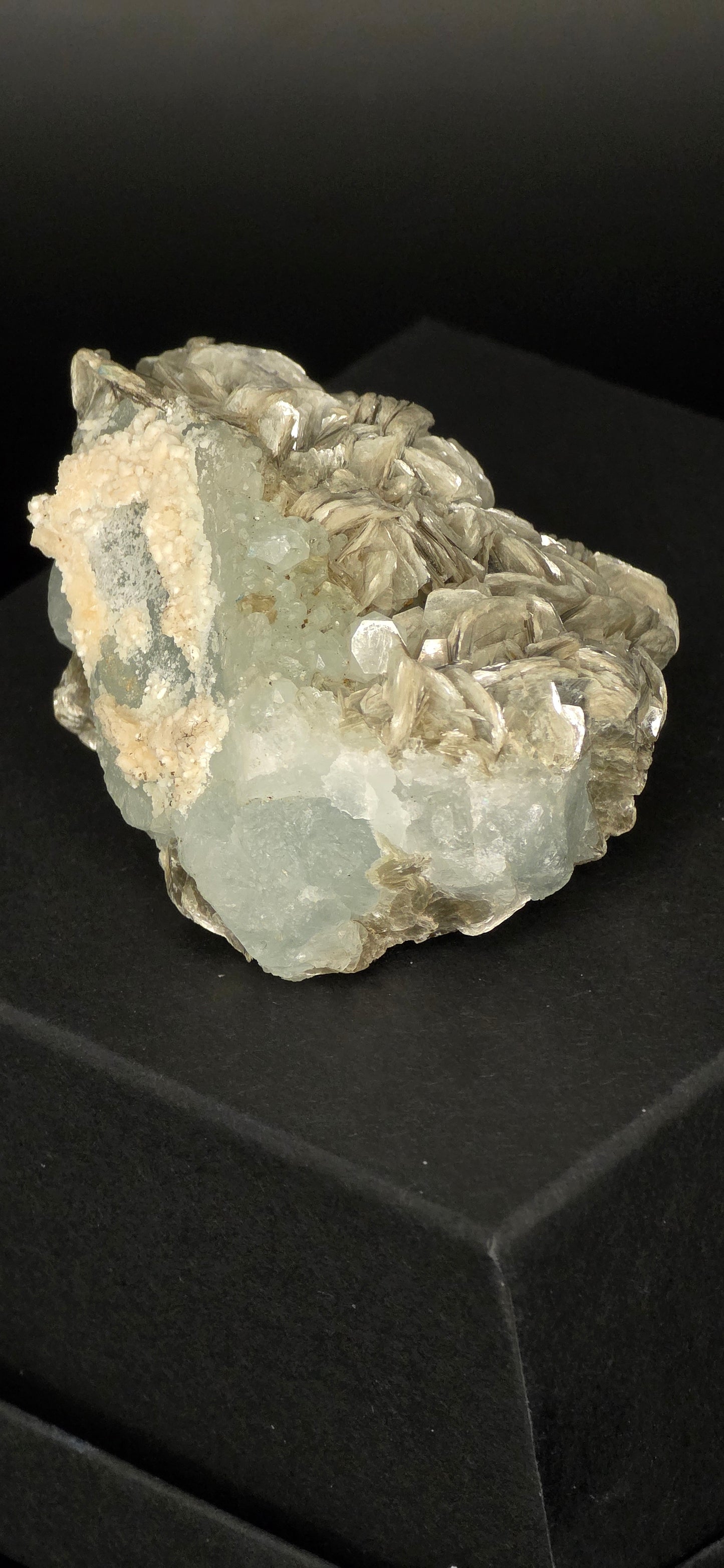 Erongo Region Namibian Aquamarine Matrix w/ Beautiful Micha, Quartz, Stunning UV/PL Calcite Coating, and Fluorite.As the primary crystals
