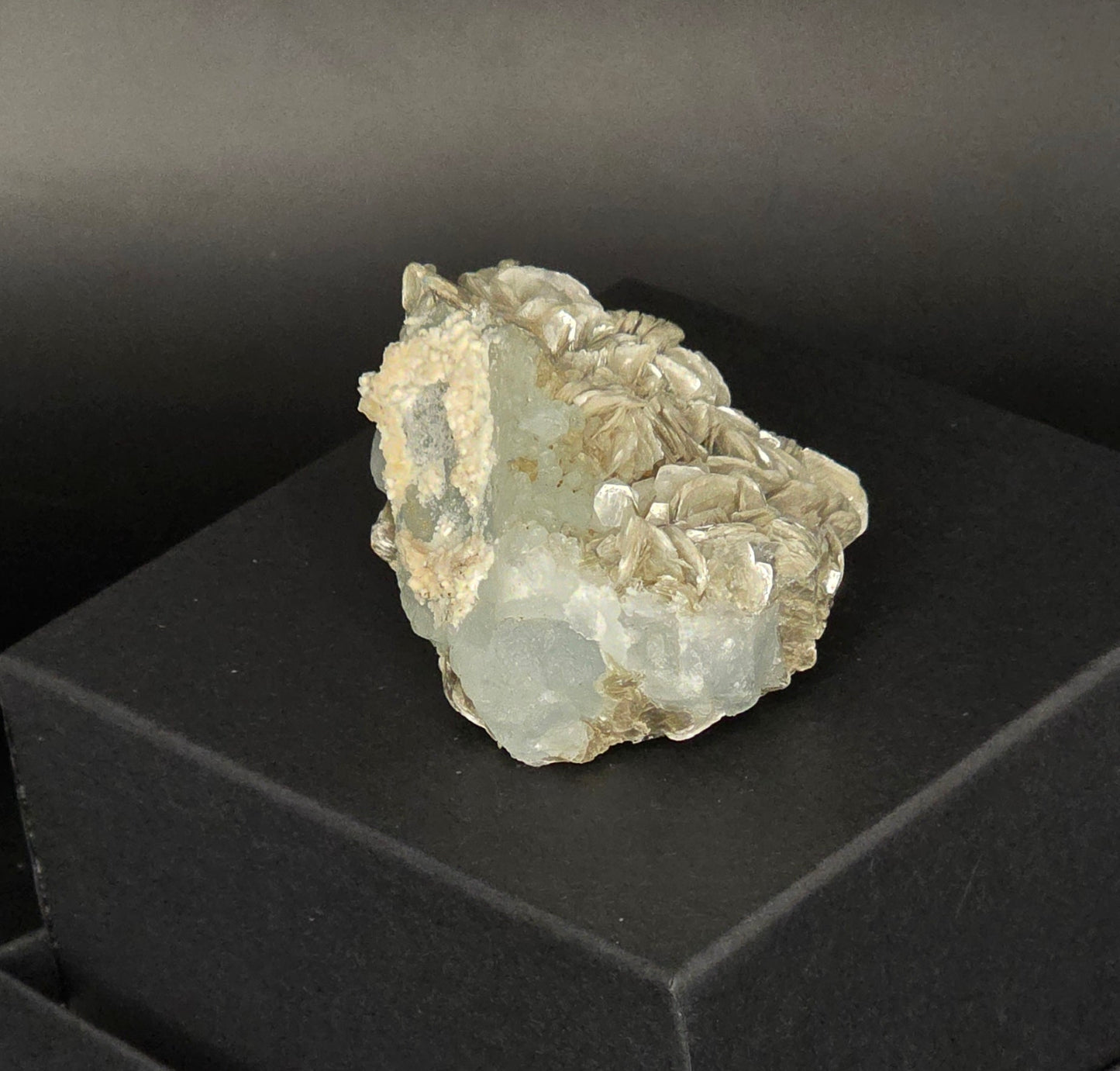 Erongo Region Namibian Aquamarine Matrix w/ Beautiful Micha, Quartz, Stunning UV/PL Calcite Coating, and Fluorite.As the primary crystals