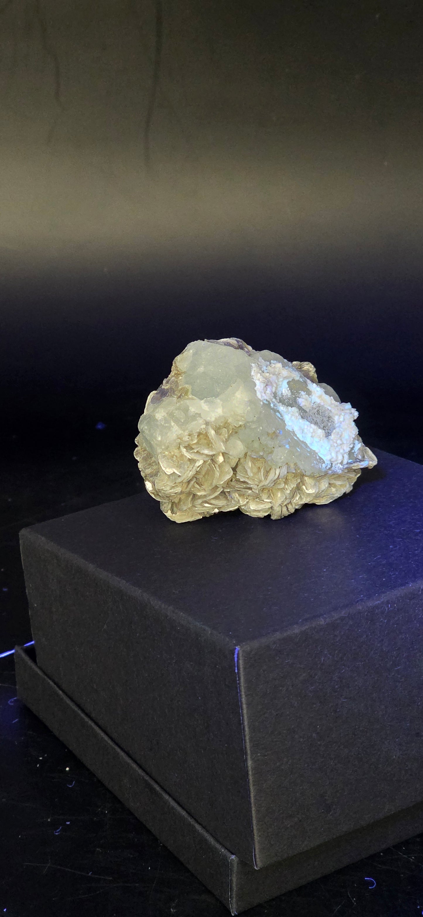 Erongo Region Namibian Aquamarine Matrix w/ Beautiful Micha, Quartz, Stunning UV/PL Calcite Coating, and Fluorite.As the primary crystals