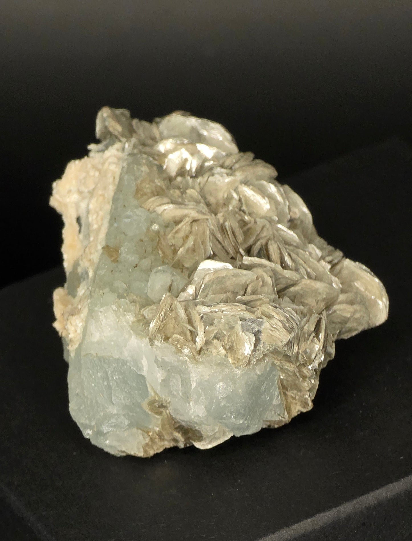 Erongo Region Namibian Aquamarine Matrix w/ Beautiful Micha, Quartz, Stunning UV/PL Calcite Coating, and Fluorite.As the primary crystals