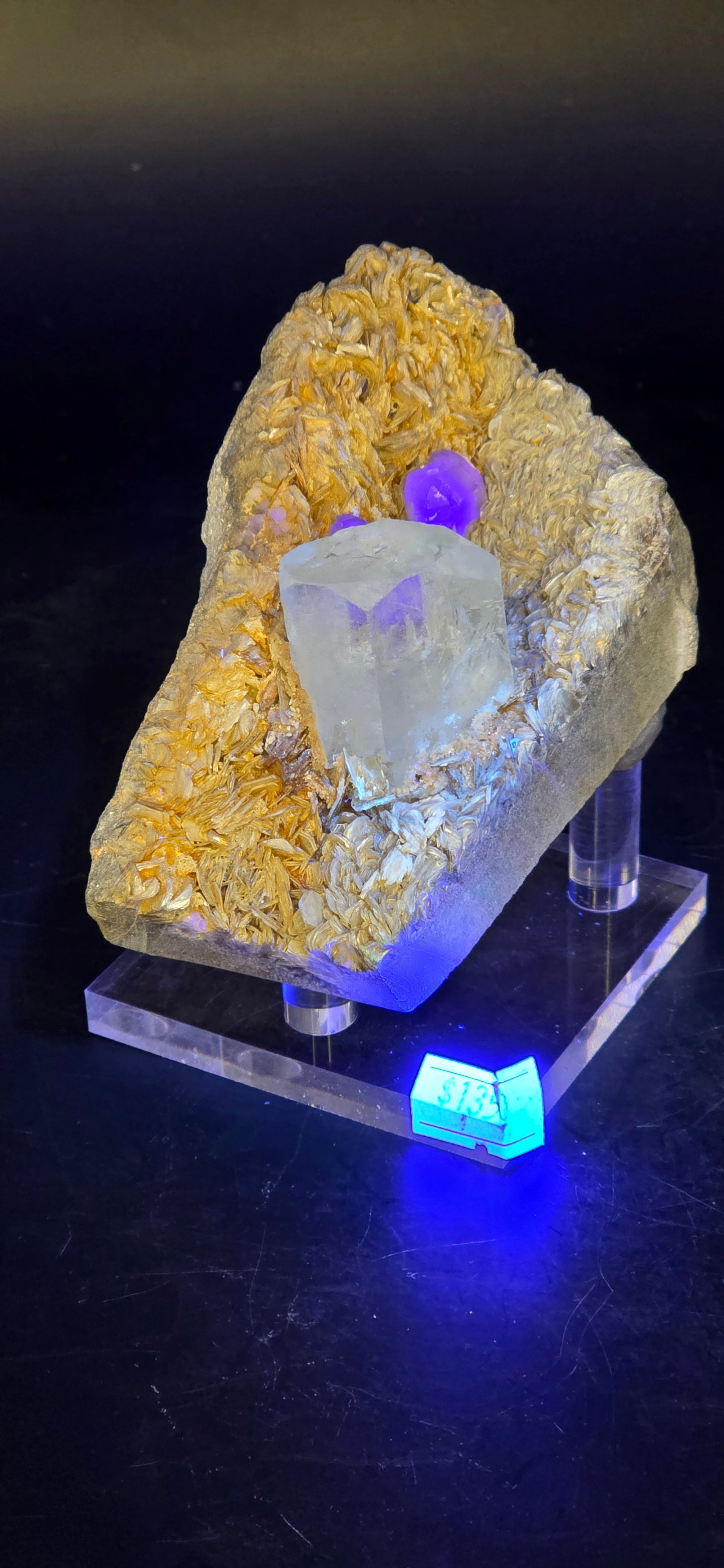 Erongo Region Namibian Aquamarine Matrix w/ Beautiful Micha, Quartz, Stunning UV/PL Calcite Coating, and Fluorite.As the primary crystals