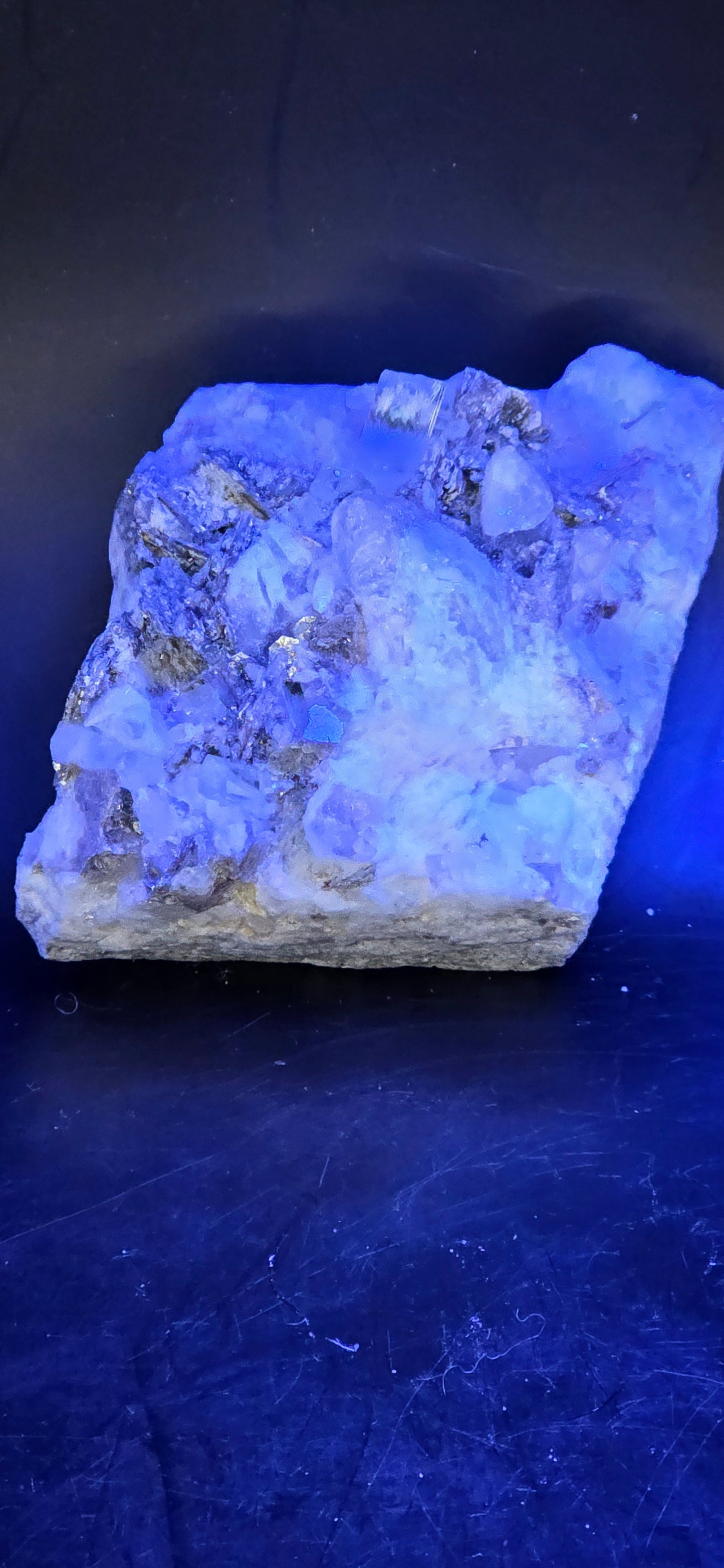 Erongo Region Namibian Aquamarine Matrix w/ Beautiful Micha, Quartz, Stunning UV/PL Calcite Coating, and Fluorite.As the primary crystals