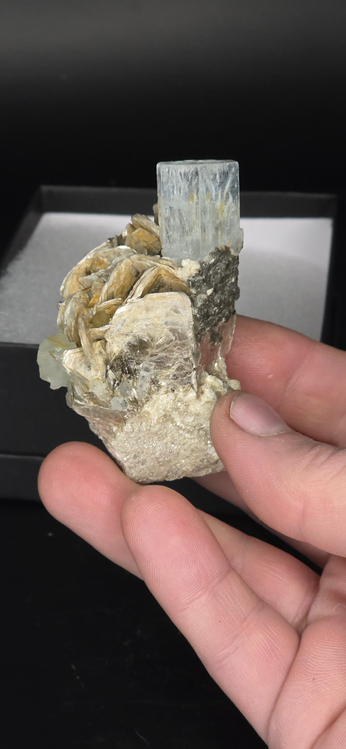 Erongo Region Namibian Aquamarine Matrix w/ Beautiful Micha, Quartz, Stunning UV/PL Calcite Coating, and Fluorite.As the primary crystals