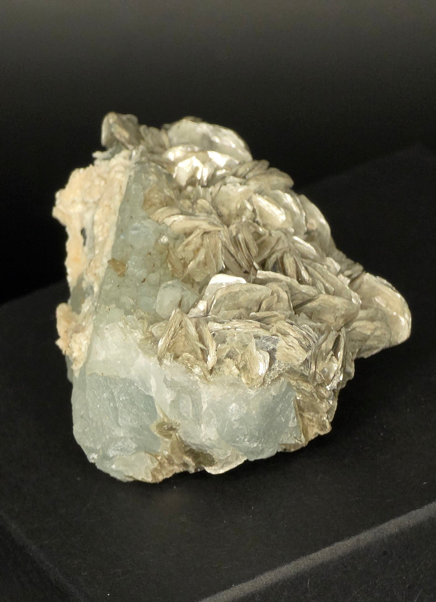 Erongo Region Namibian Aquamarine Matrix w/ Beautiful Micha, Quartz, Stunning UV/PL Calcite Coating, and Fluorite.As the primary crystals