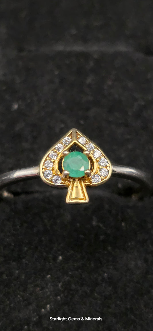 Adjustable S-925 Gold Plated Victorian Ace Ring, w/ Natural Columbian Emerald Center Facet!