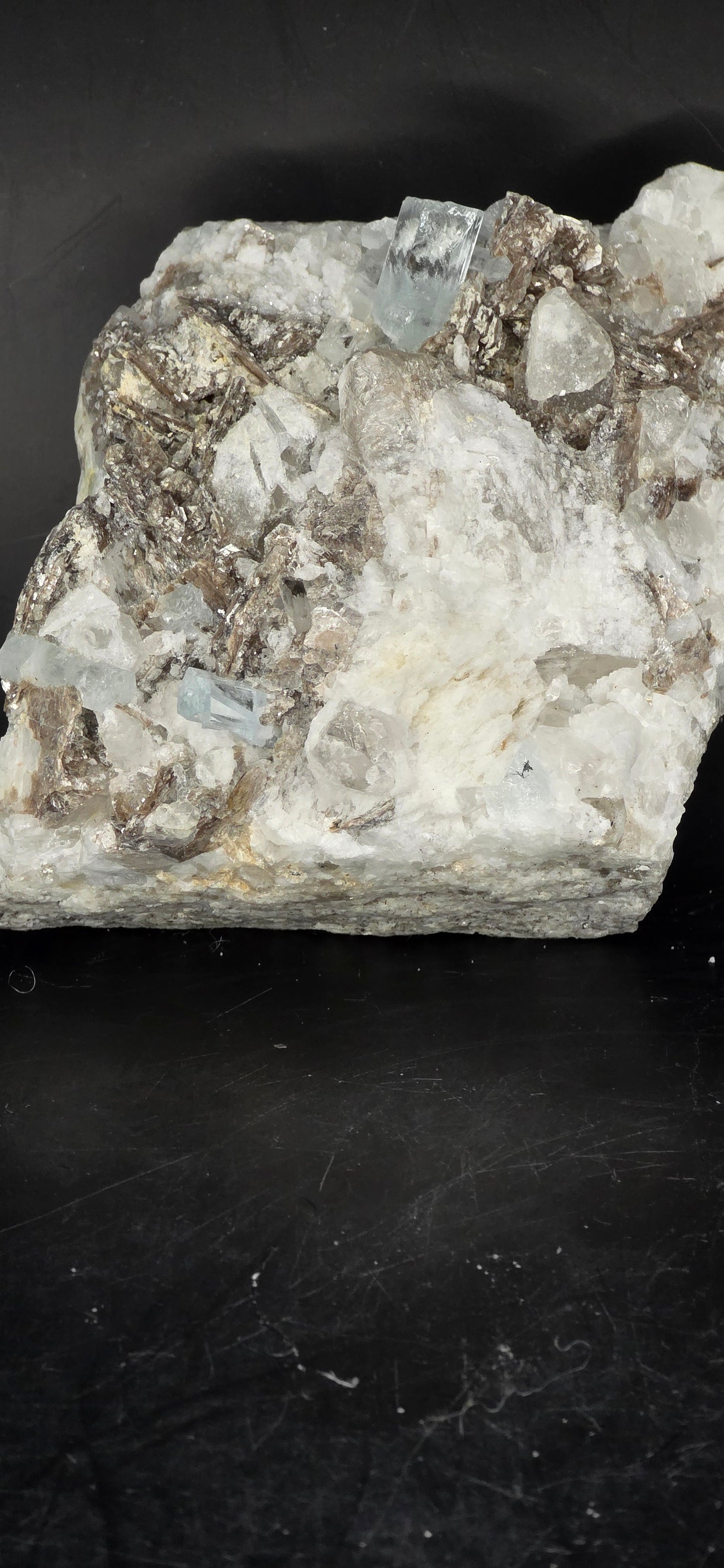 Erongo Region Namibian Aquamarine Matrix w/ Beautiful Micha, Quartz, Stunning UV/PL Calcite Coating, and Fluorite.As the primary crystals