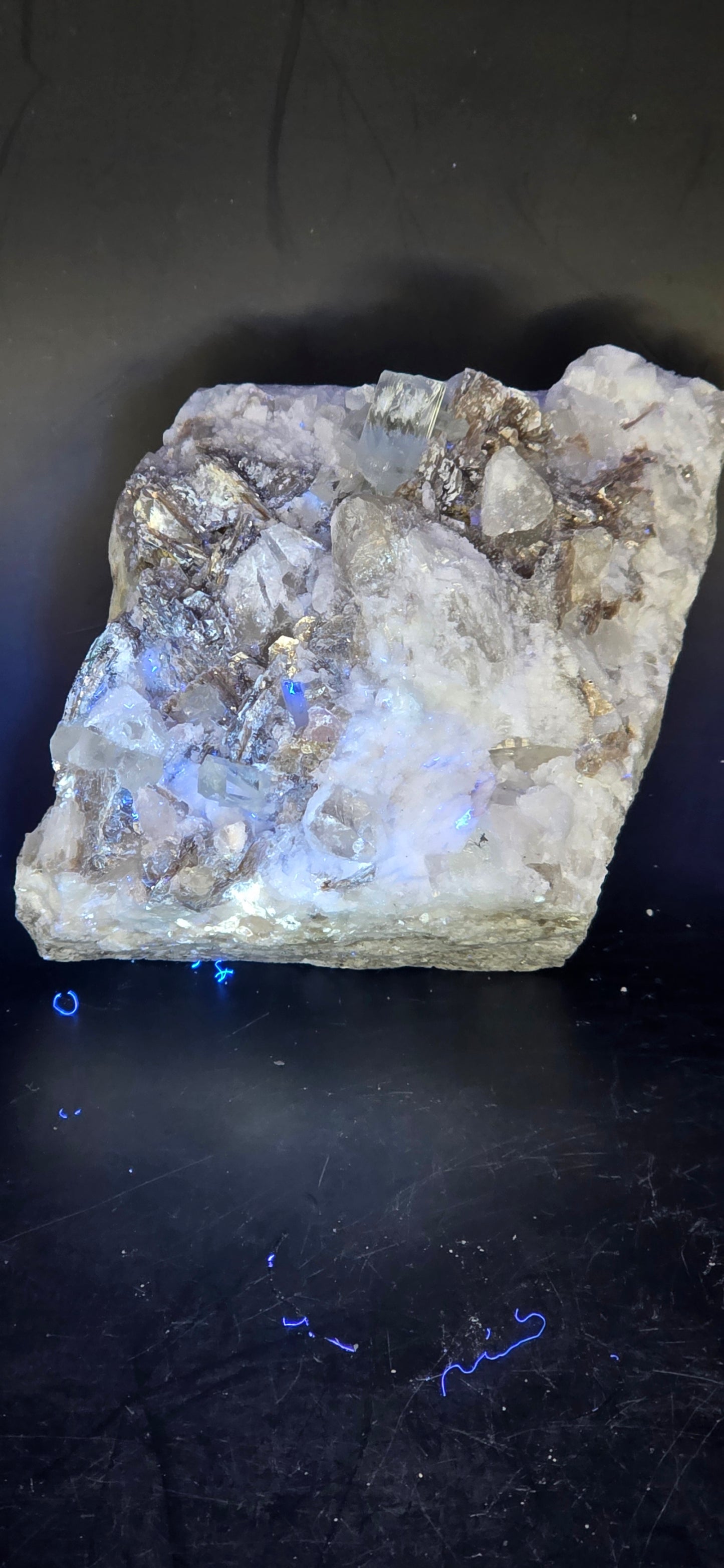 Erongo Region Namibian Aquamarine Matrix w/ Beautiful Micha, Quartz, Stunning UV/PL Calcite Coating, and Fluorite.As the primary crystals