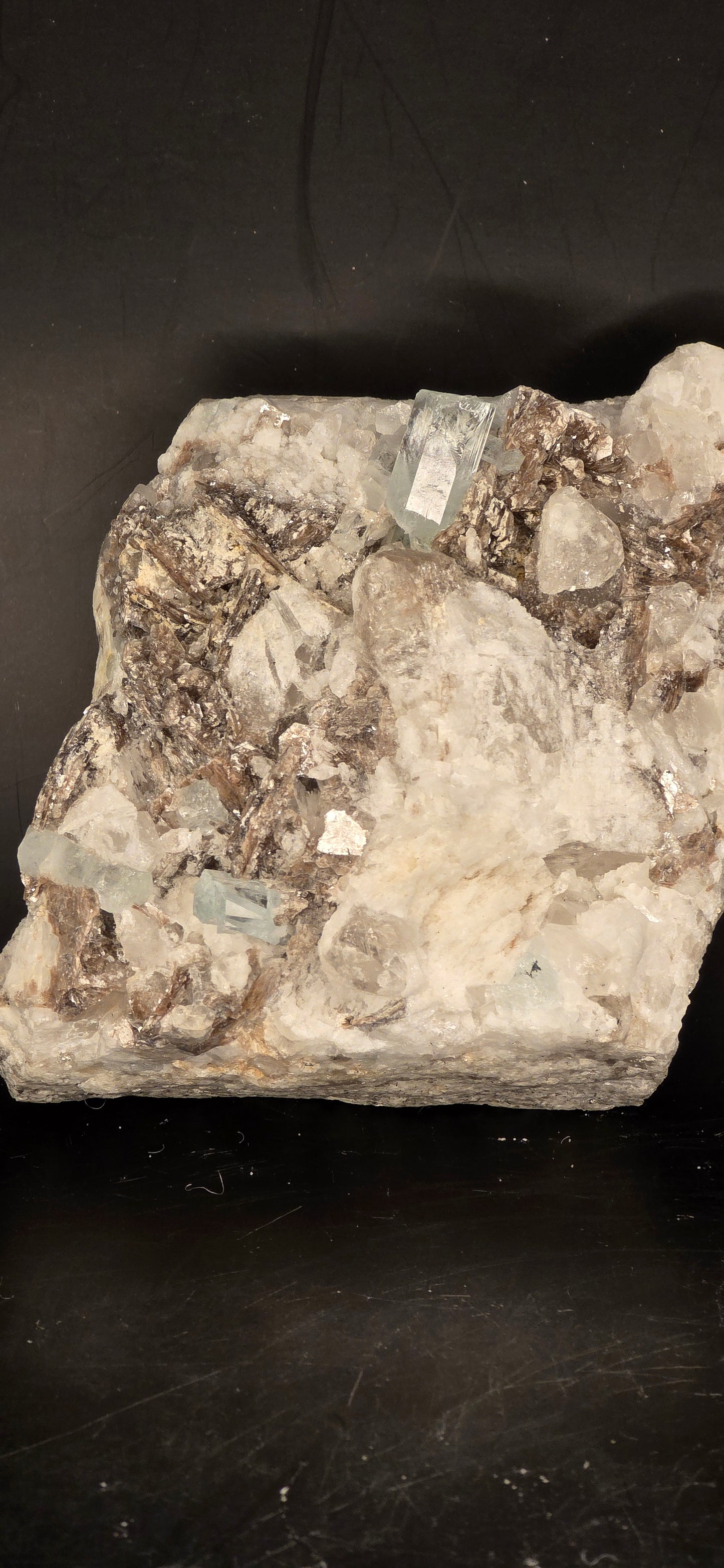 Erongo Region Namibian Aquamarine Matrix w/ Beautiful Micha, Quartz, Stunning UV/PL Calcite Coating, and Fluorite.As the primary crystals