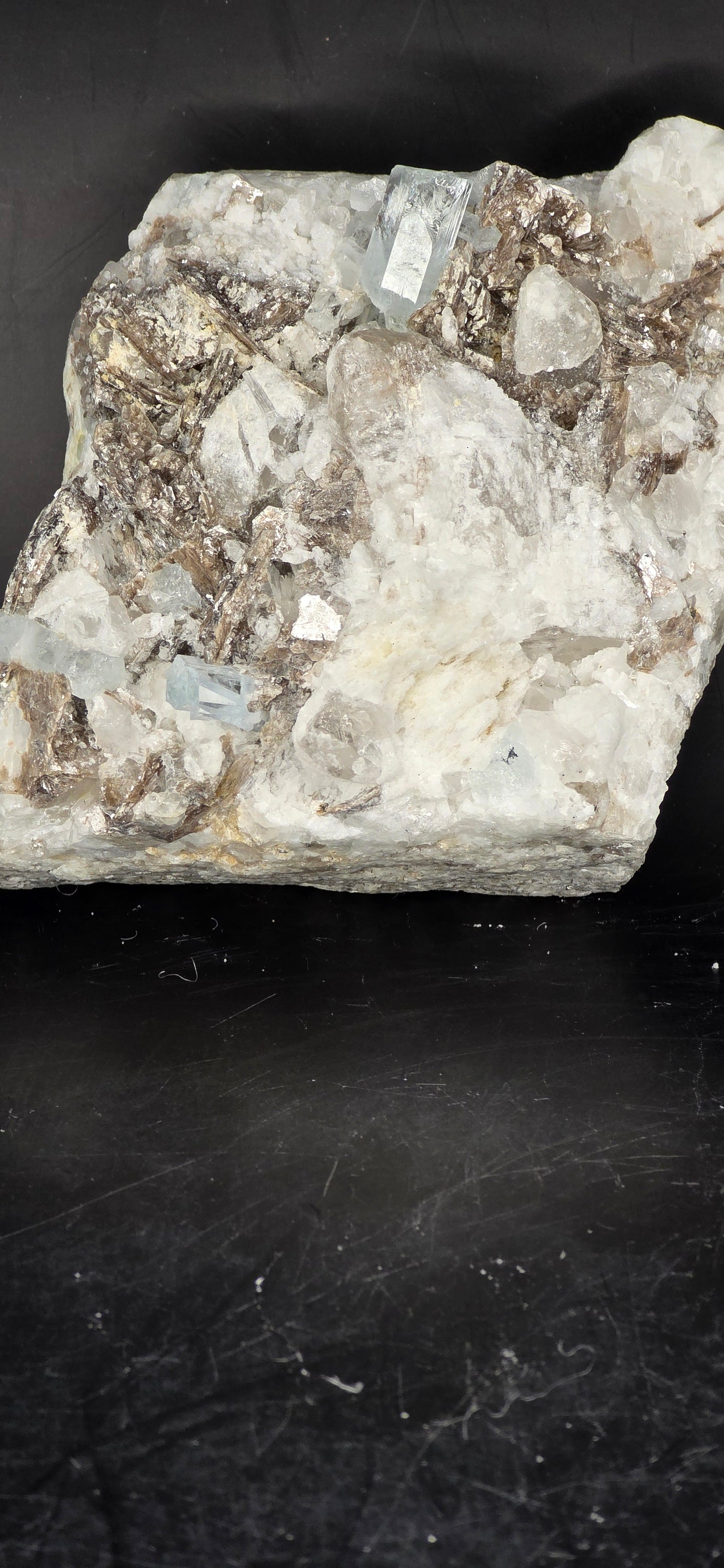 Erongo Region Namibian Aquamarine Matrix w/ Beautiful Micha, Quartz, Stunning UV/PL Calcite Coating, and Fluorite.As the primary crystals