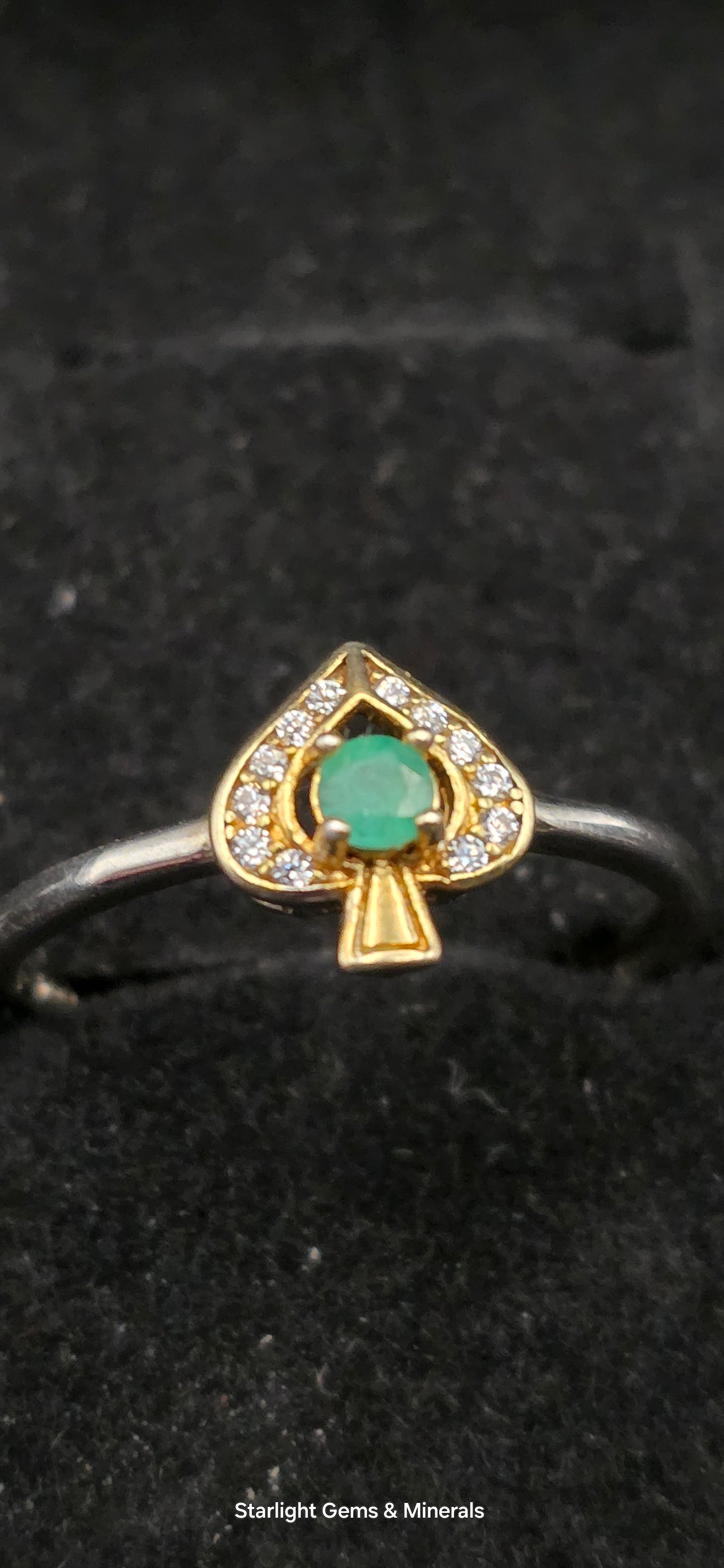 Adjustable S-925 Gold Plated Victorian Ace Ring, w/ Natural Columbian Emerald Center Facet!