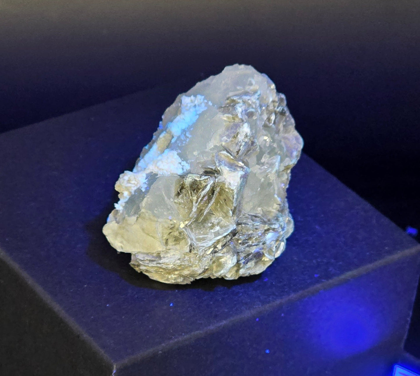 Erongo Region Namibian Aquamarine Matrix w/ Beautiful Micha, Quartz, Stunning UV/PL Calcite Coating, and Fluorite.As the primary crystals