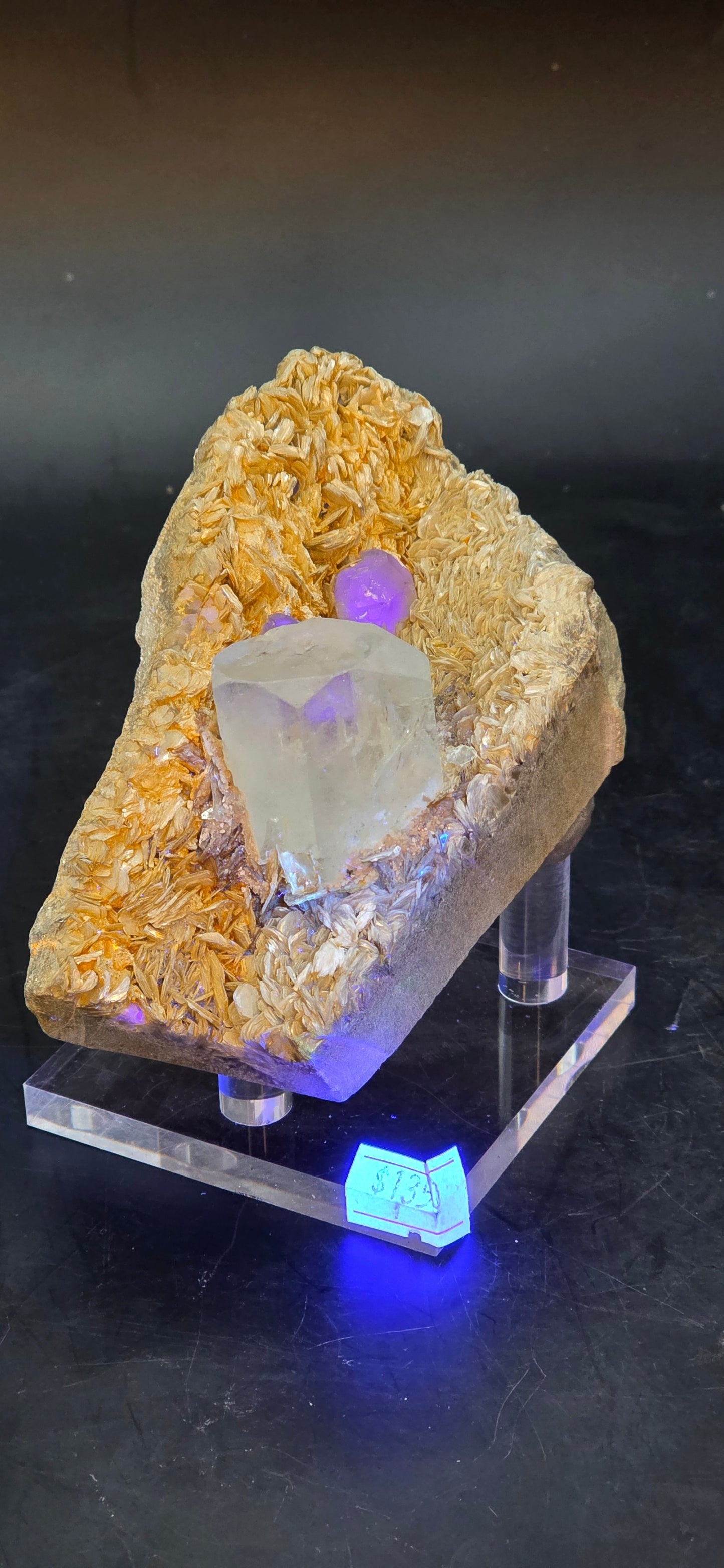 Erongo Region Namibian Aquamarine Matrix w/ Beautiful Micha, Quartz, Stunning UV/PL Calcite Coating, and Fluorite.As the primary crystals