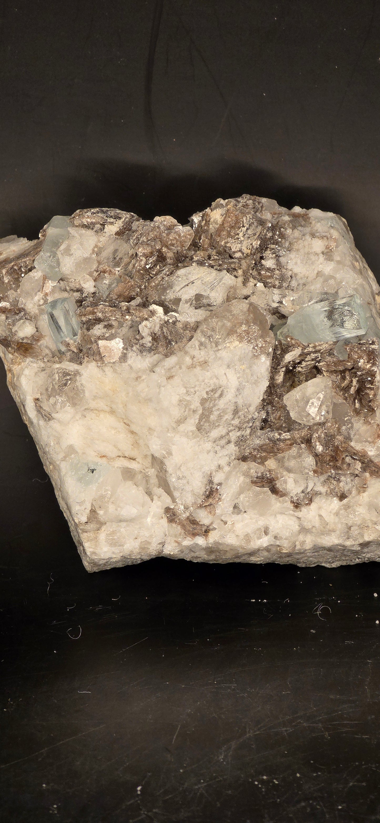 Erongo Region Namibian Aquamarine Matrix w/ Beautiful Micha, Quartz, Stunning UV/PL Calcite Coating, and Fluorite.As the primary crystals