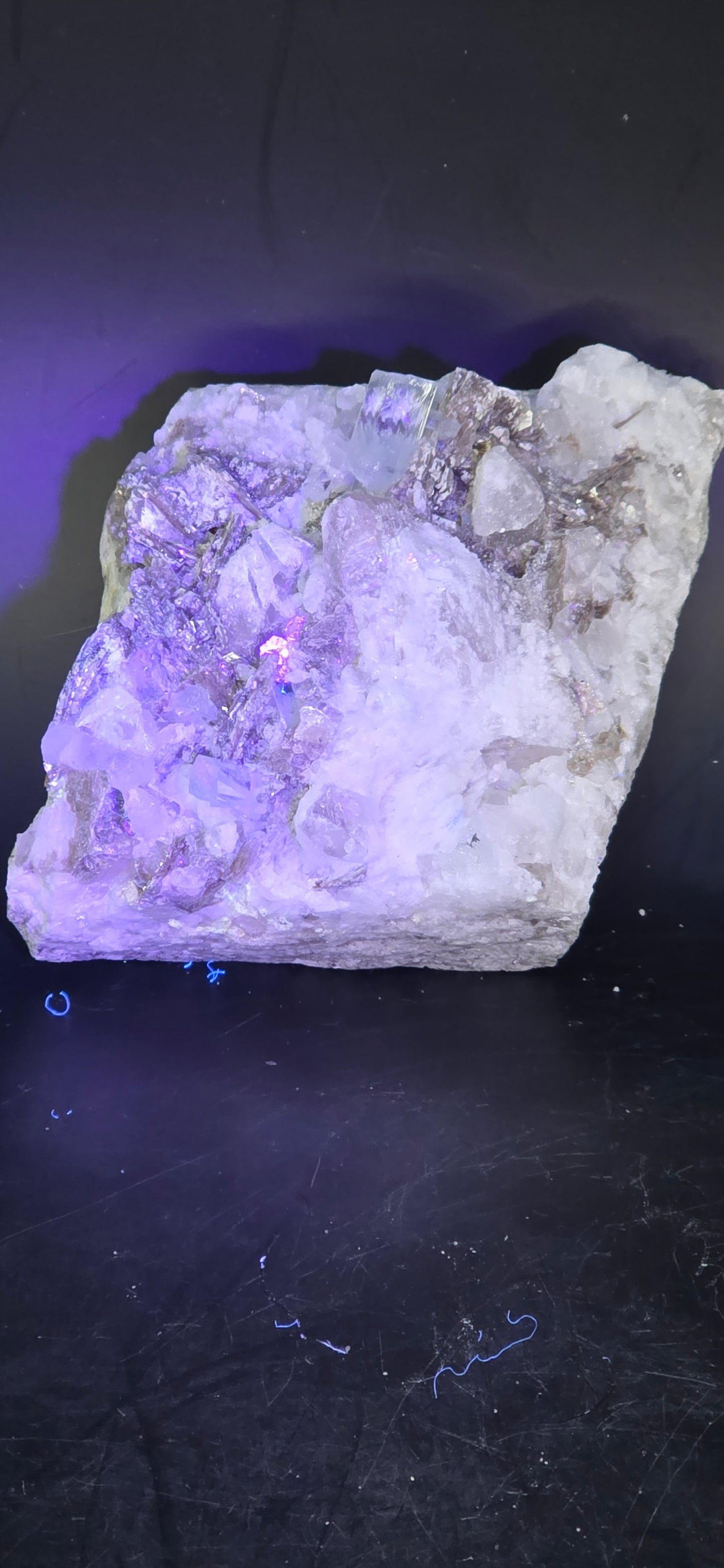 Erongo Region Namibian Aquamarine Matrix w/ Beautiful Micha, Quartz, Stunning UV/PL Calcite Coating, and Fluorite.As the primary crystals
