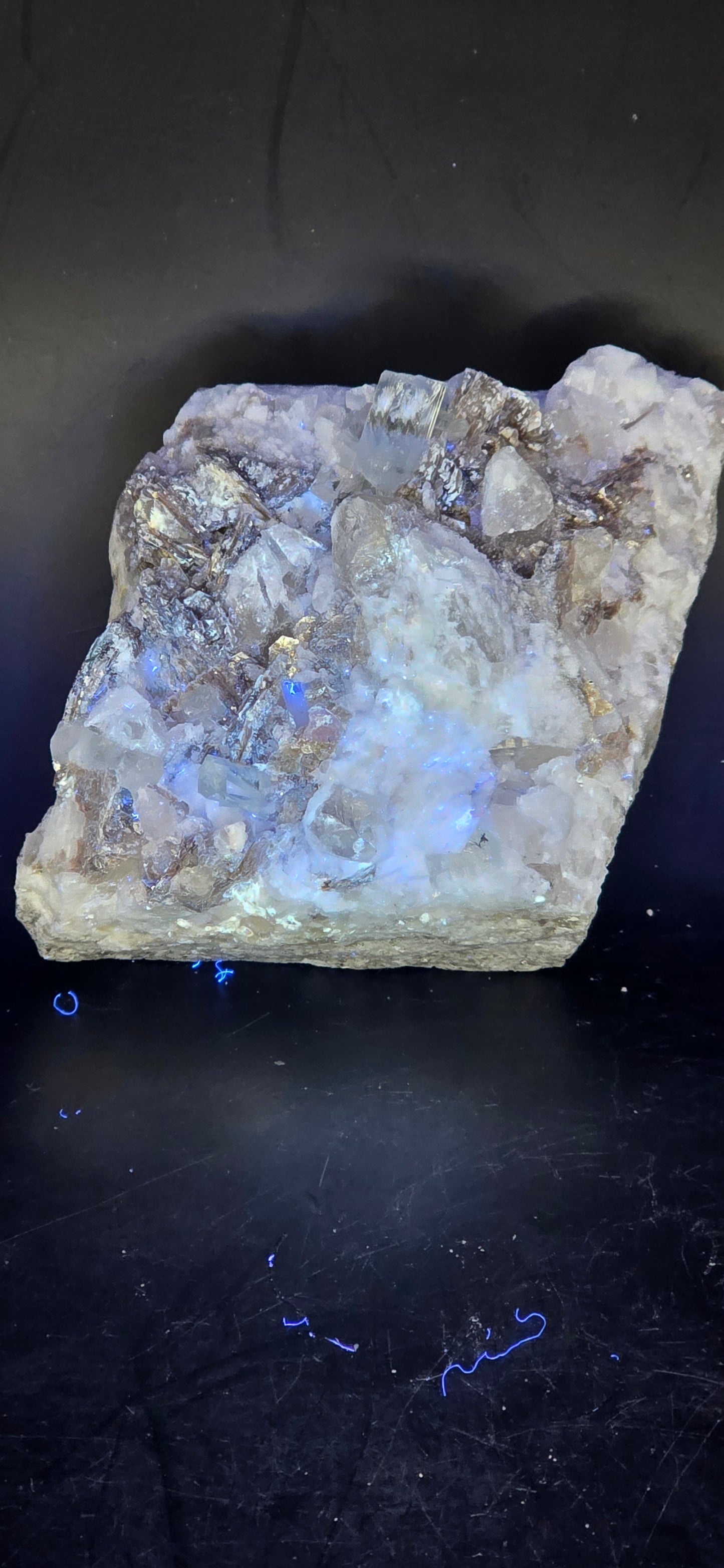 Erongo Region Namibian Aquamarine Matrix w/ Beautiful Micha, Quartz, Stunning UV/PL Calcite Coating, and Fluorite.As the primary crystals