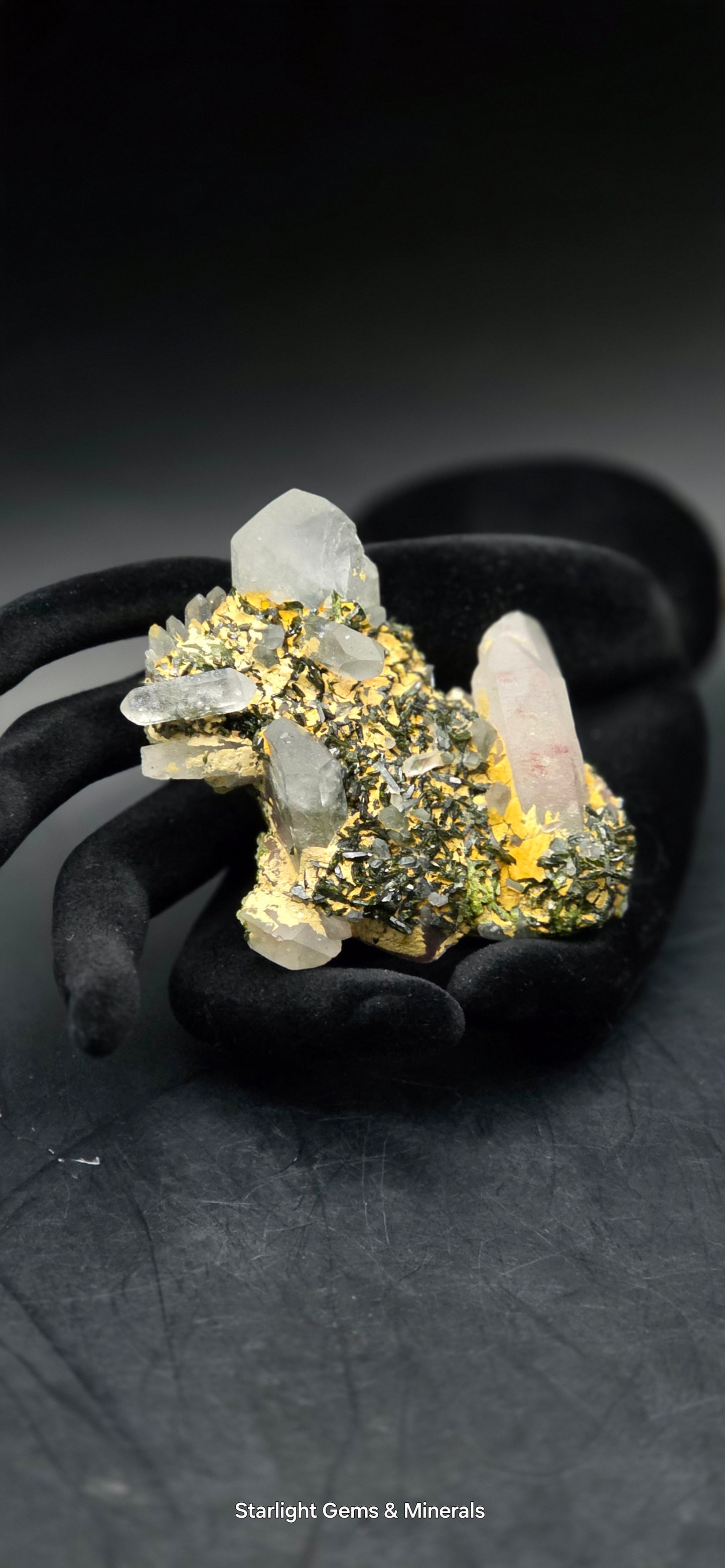 Stunning Super Seven Faden Quartz on Epidote Blade Matrix from Brazil!