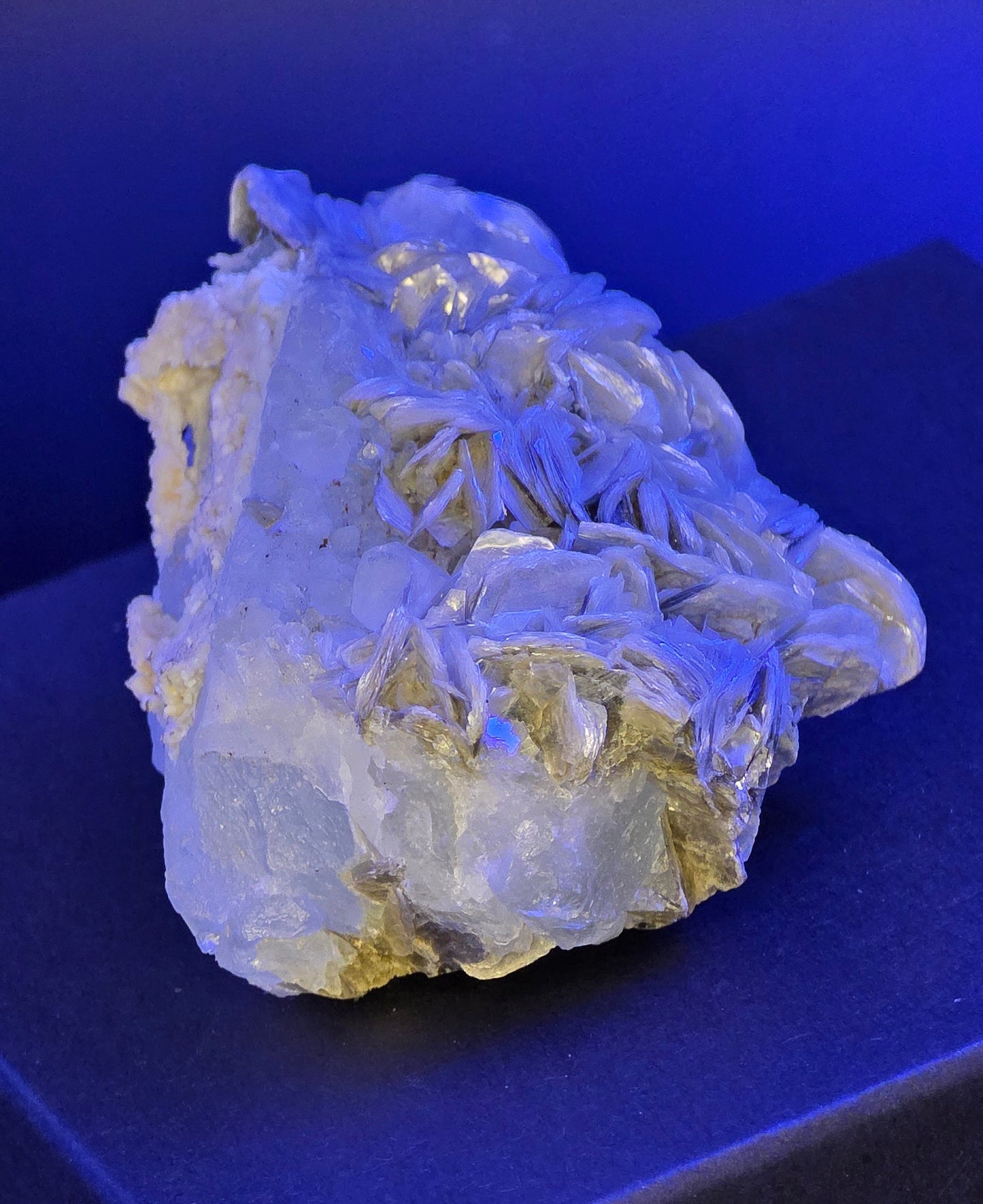 Erongo Region Namibian Aquamarine Matrix w/ Beautiful Micha, Quartz, Stunning UV/PL Calcite Coating, and Fluorite.As the primary crystals