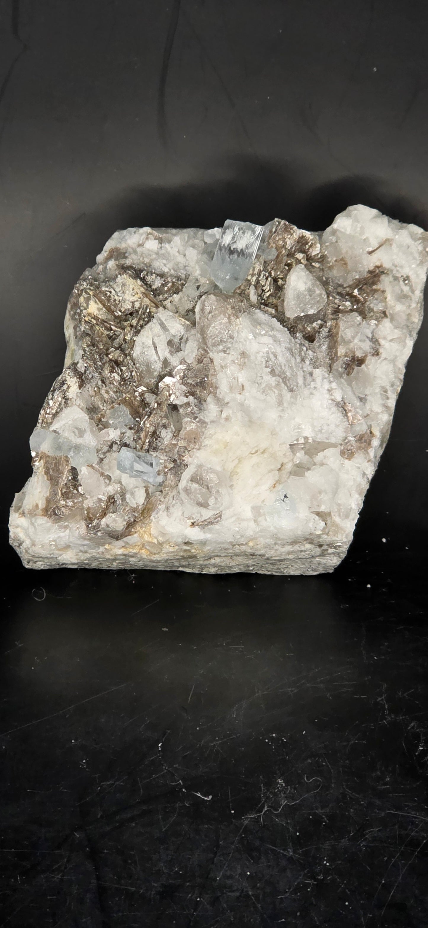Erongo Region Namibian Aquamarine Matrix w/ Beautiful Micha, Quartz, Stunning UV/PL Calcite Coating, and Fluorite.As the primary crystals