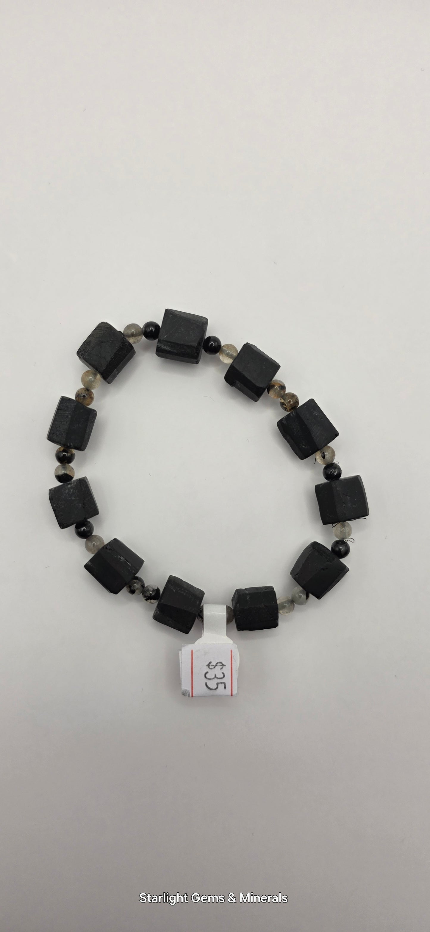 Black Tourmaline Barrel Bracelet, w/Quartz & Tourmaline Beads.