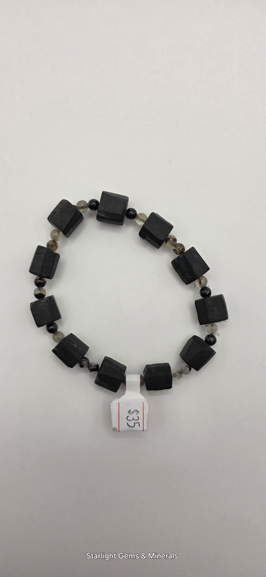 Black Tourmaline Barrel Bracelet, w/Quartz & Tourmaline Beads.