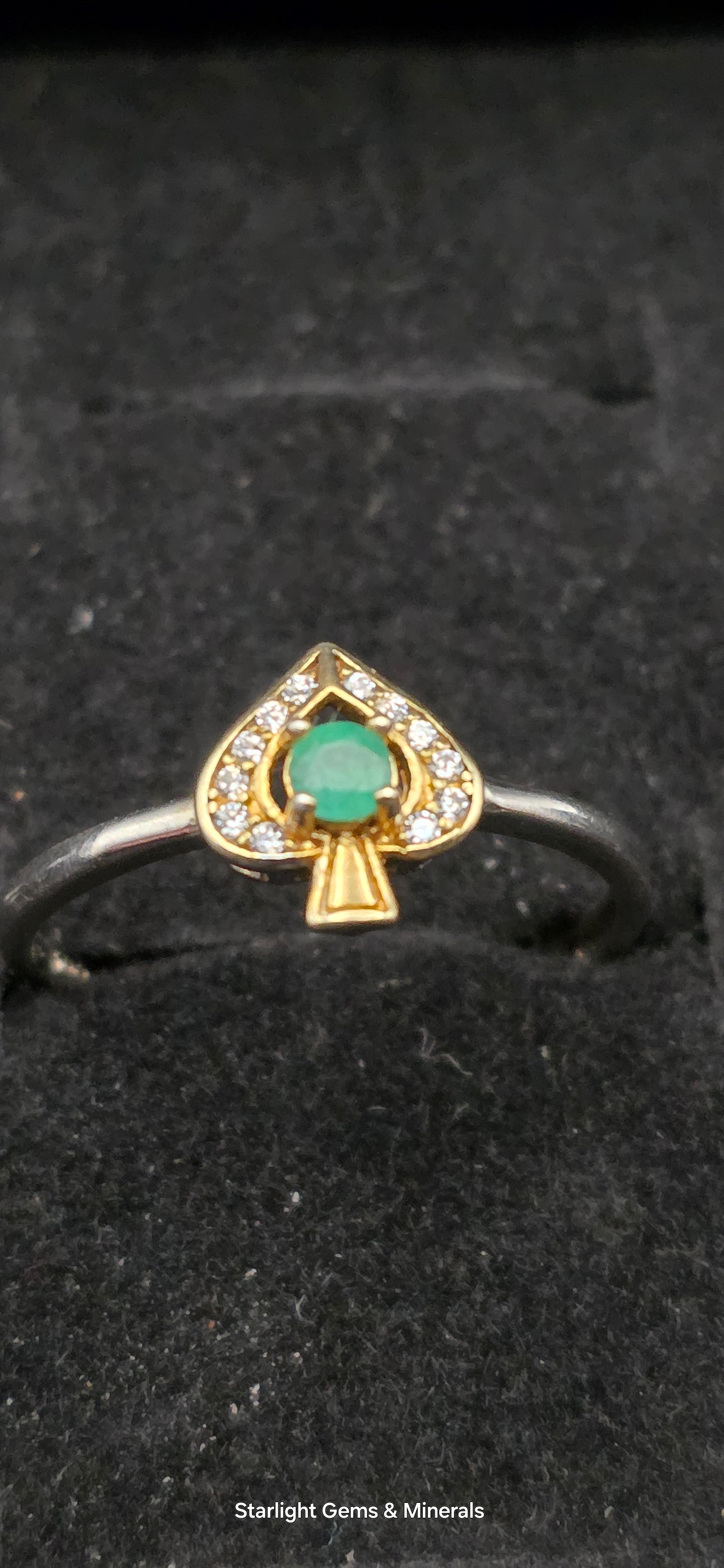 Adjustable S-925 Gold Plated Victorian Ace Ring, w/ Natural Columbian Emerald Center Facet!