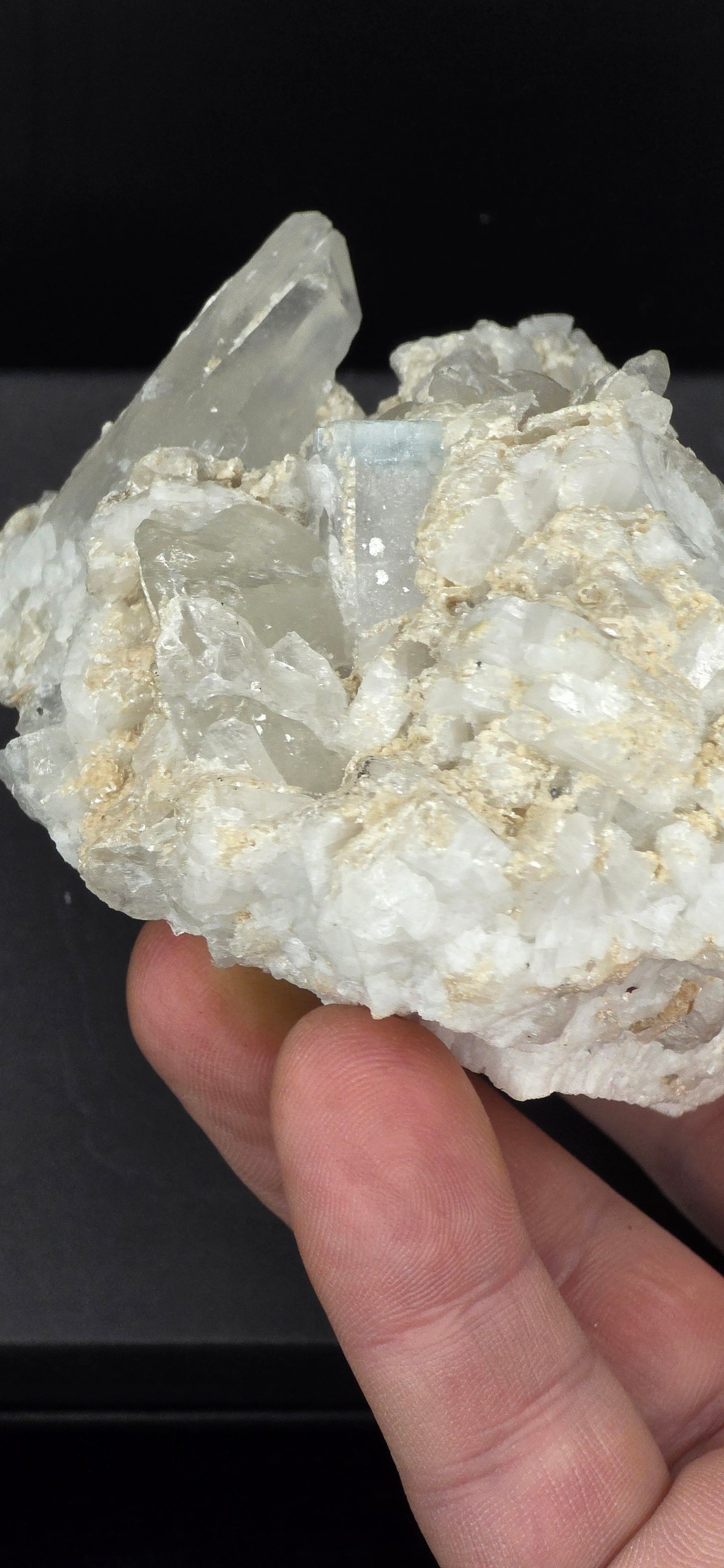 Erongo Region Namibian Aquamarine Matrix w/ Beautiful Micha, Quartz, Stunning UV/PL Calcite Coating, and Fluorite.As the primary crystals