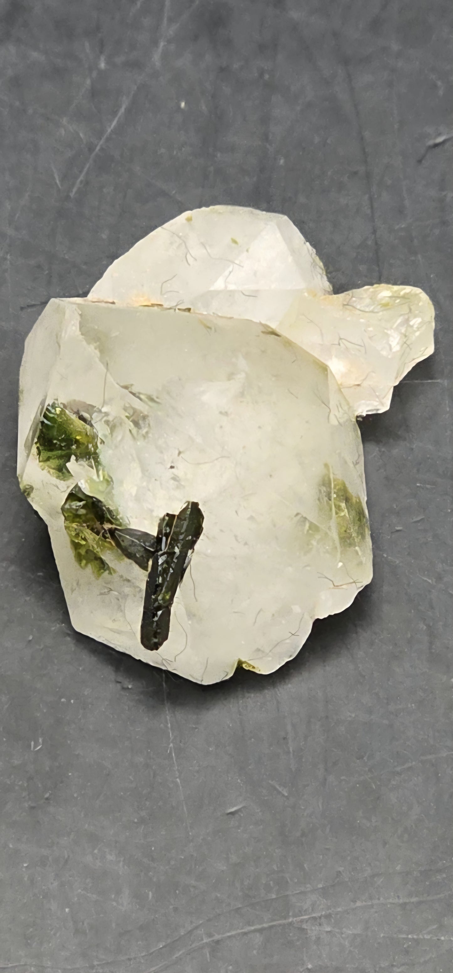 Brazilian S7 Sulfopyright Quartz Button w/ Epidote Blade Inclusions!