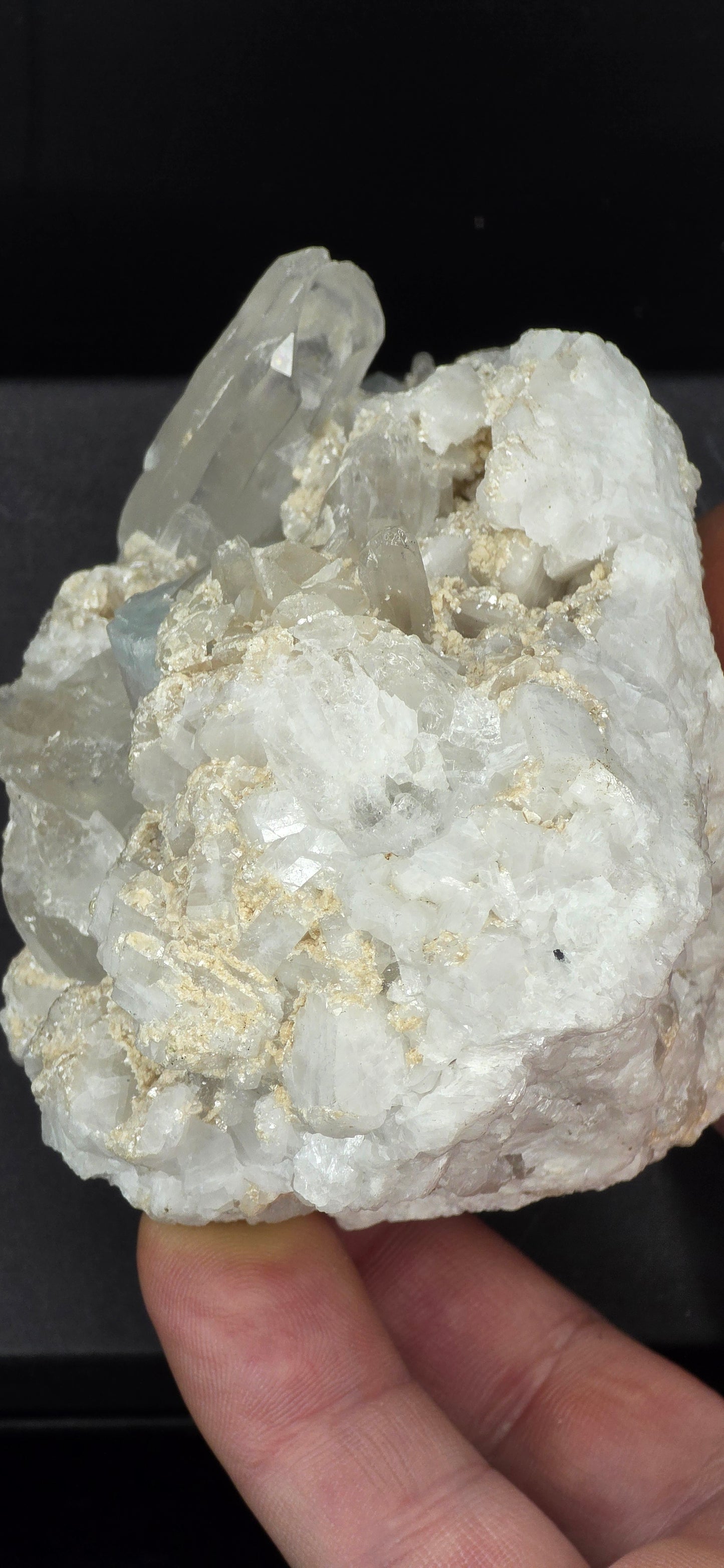 Erongo Region Namibian Aquamarine Matrix w/ Beautiful Micha, Quartz, Stunning UV/PL Calcite Coating, and Fluorite.As the primary crystals