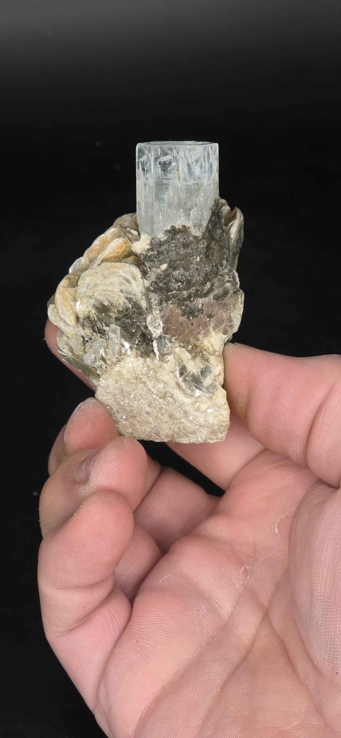 Erongo Region Namibian Aquamarine Matrix w/ Beautiful Micha, Quartz, Stunning UV/PL Calcite Coating, and Fluorite.As the primary crystals