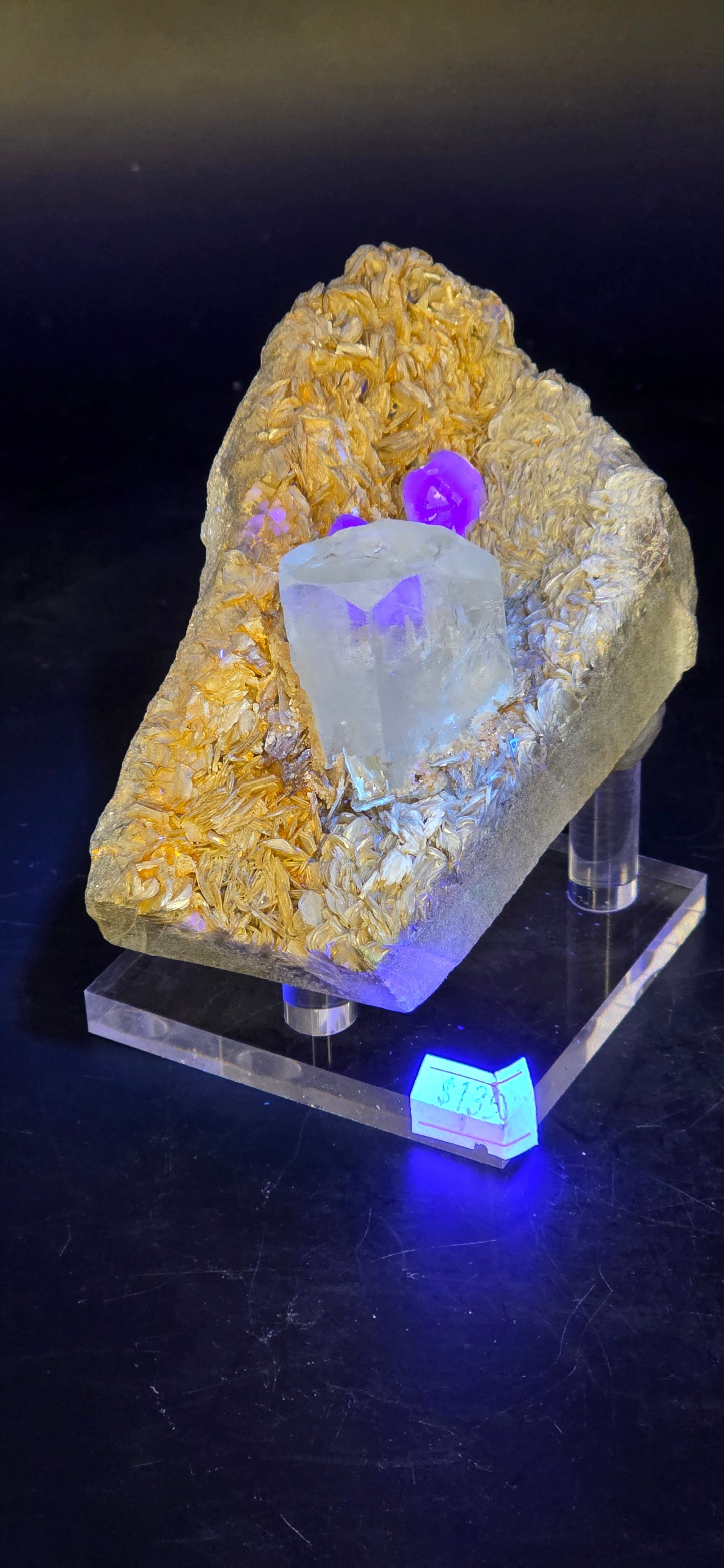 Erongo Region Namibian Aquamarine Matrix w/ Beautiful Micha, Quartz, Stunning UV/PL Calcite Coating, and Fluorite.As the primary crystals
