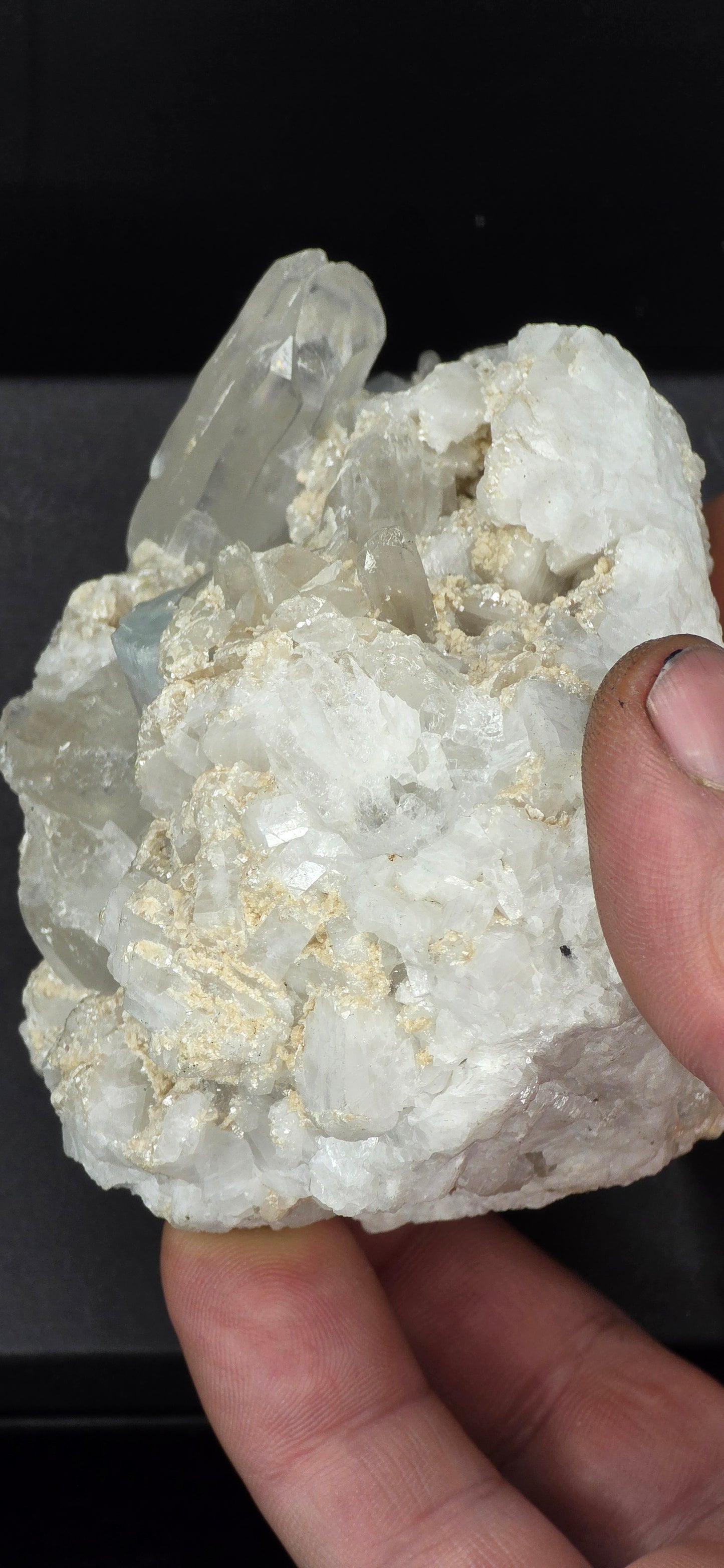 Erongo Region Namibian Aquamarine Matrix w/ Beautiful Micha, Quartz, Stunning UV/PL Calcite Coating, and Fluorite.As the primary crystals