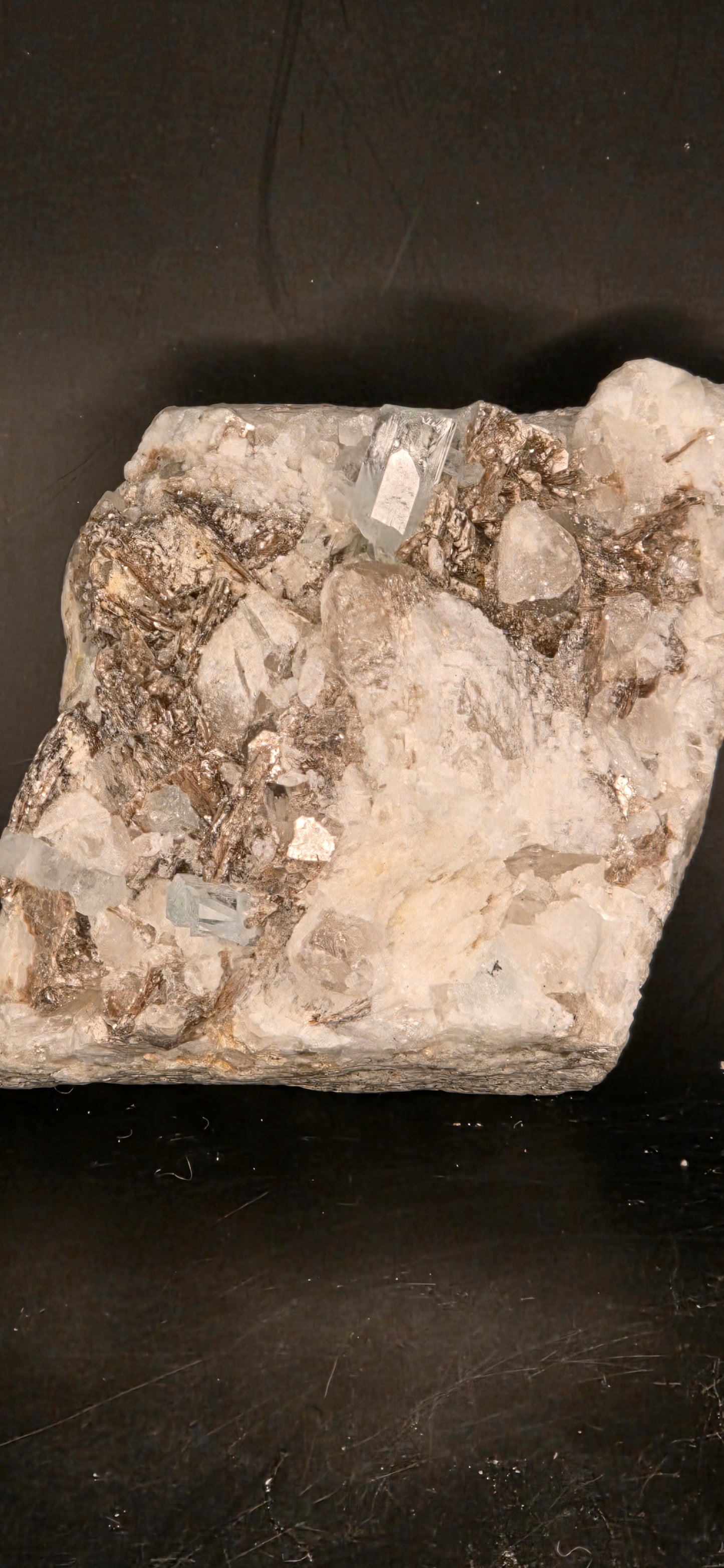 Erongo Region Namibian Aquamarine Matrix w/ Beautiful Micha, Quartz, Stunning UV/PL Calcite Coating, and Fluorite.As the primary crystals