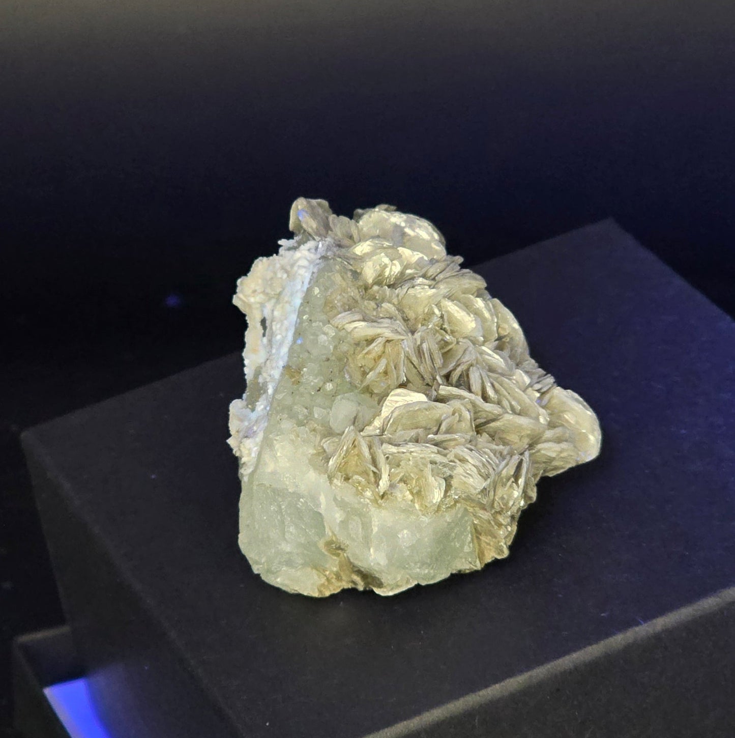 Erongo Region Namibian Aquamarine Matrix w/ Beautiful Micha, Quartz, Stunning UV/PL Calcite Coating, and Fluorite.As the primary crystals