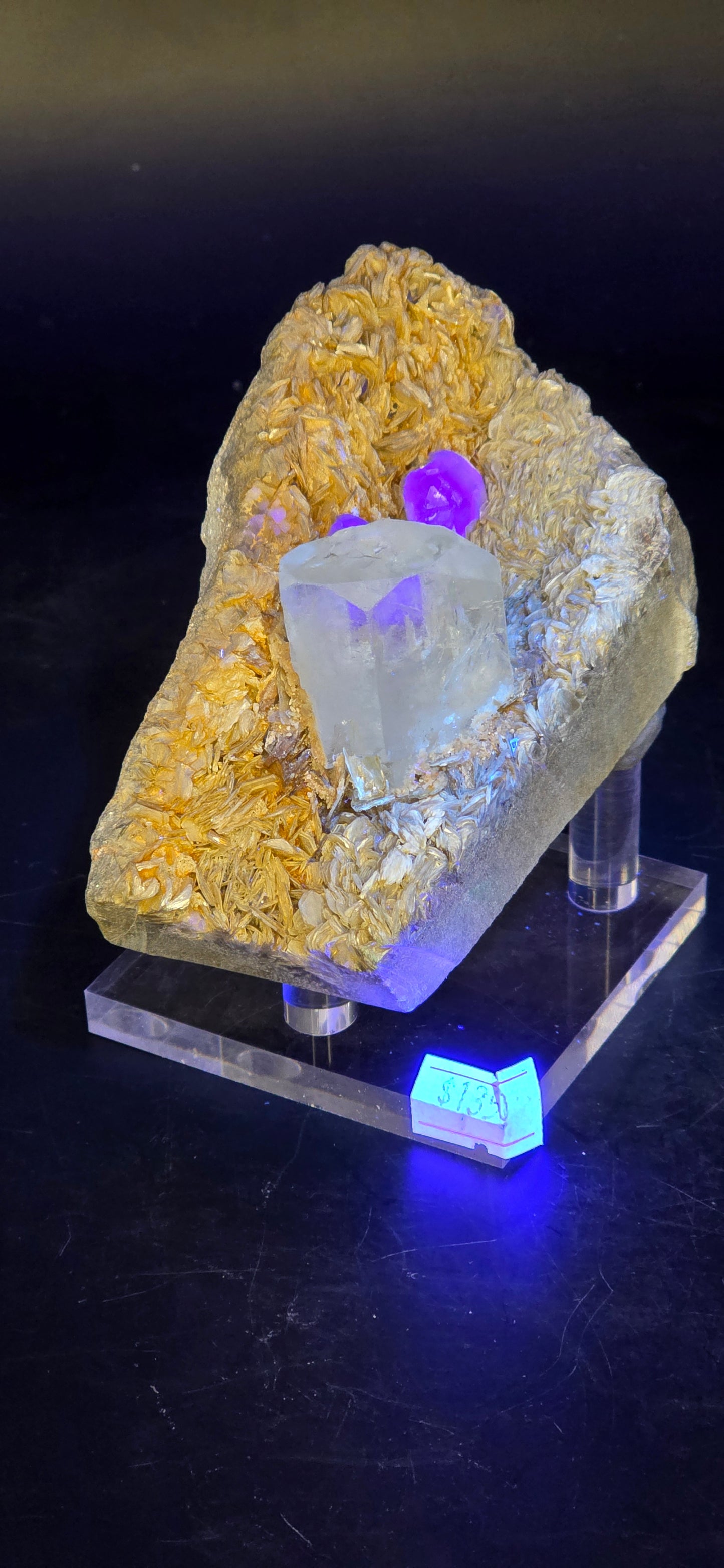 Erongo Region Namibian Aquamarine Matrix w/ Beautiful Micha, Quartz, Stunning UV/PL Calcite Coating, and Fluorite.As the primary crystals