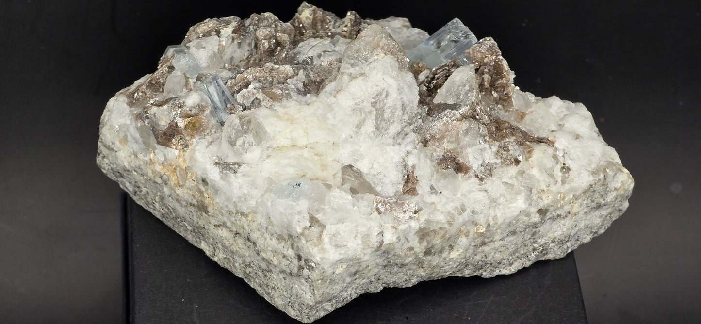 Erongo Region Namibian Aquamarine Matrix w/ Beautiful Micha, Quartz, Stunning UV/PL Calcite Coating, and Fluorite.As the primary crystals