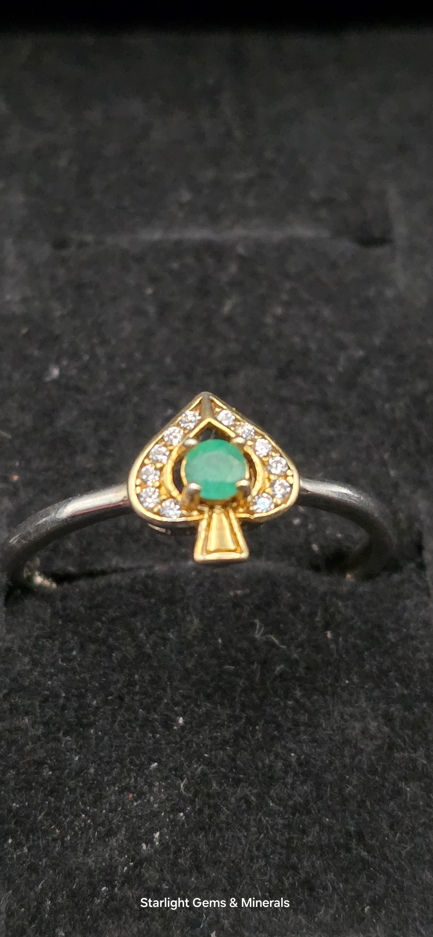 Adjustable S-925 Gold Plated Victorian Ace Ring, w/ Natural Columbian Emerald Center Facet!