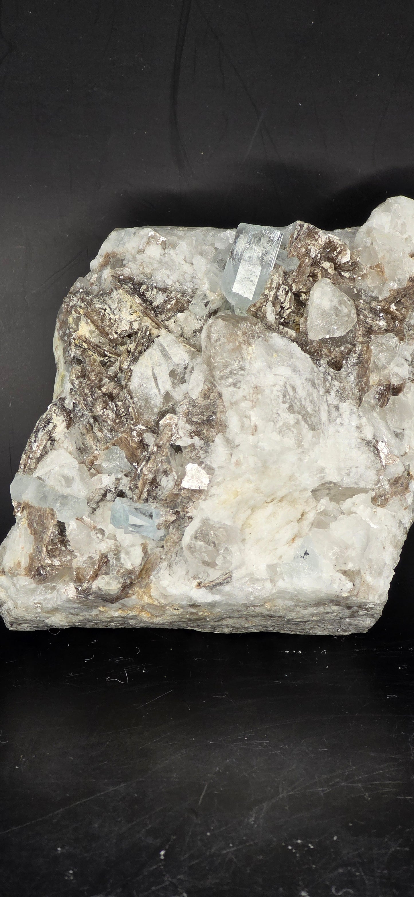 Erongo Region Namibian Aquamarine Matrix w/ Beautiful Micha, Quartz, Stunning UV/PL Calcite Coating, and Fluorite.As the primary crystals