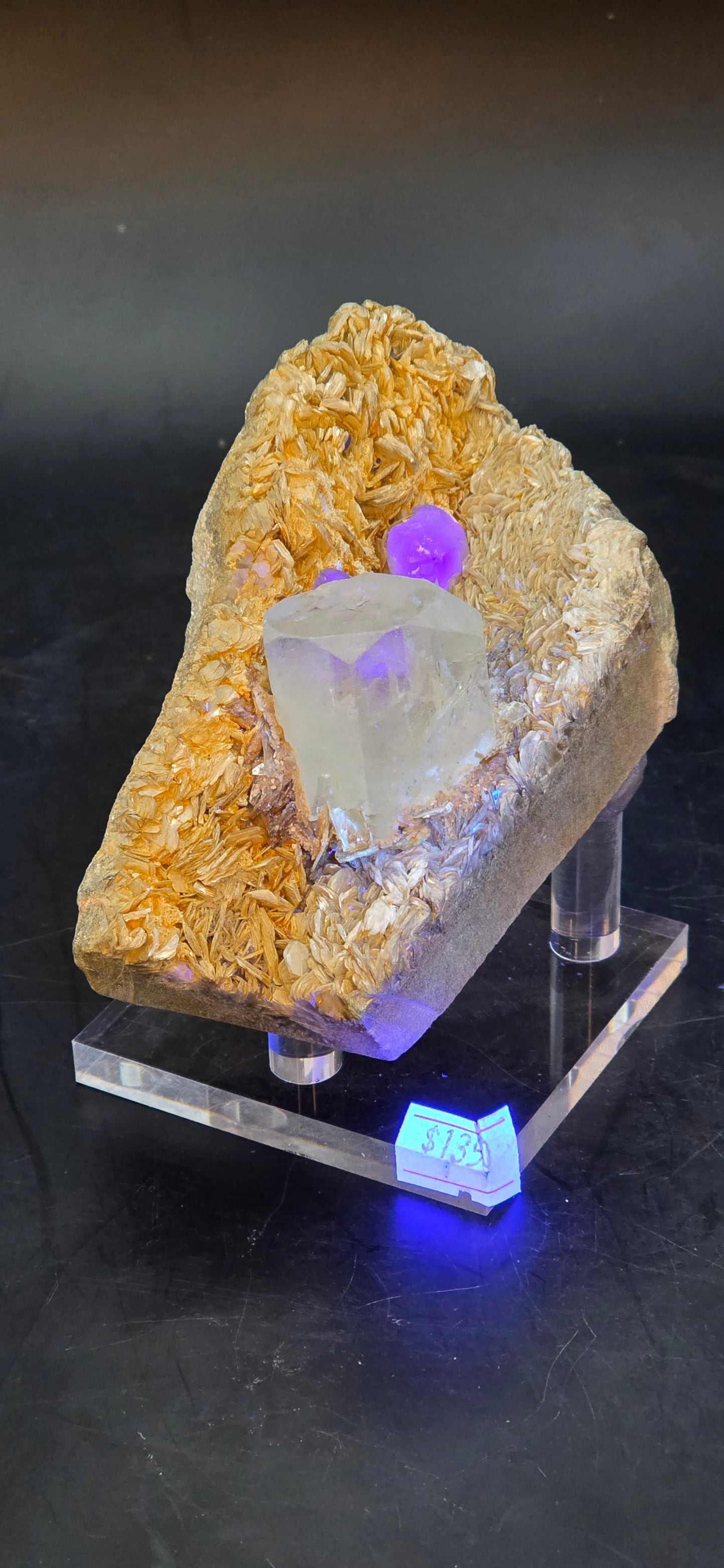 Erongo Region Namibian Aquamarine Matrix w/ Beautiful Micha, Quartz, Stunning UV/PL Calcite Coating, and Fluorite.As the primary crystals